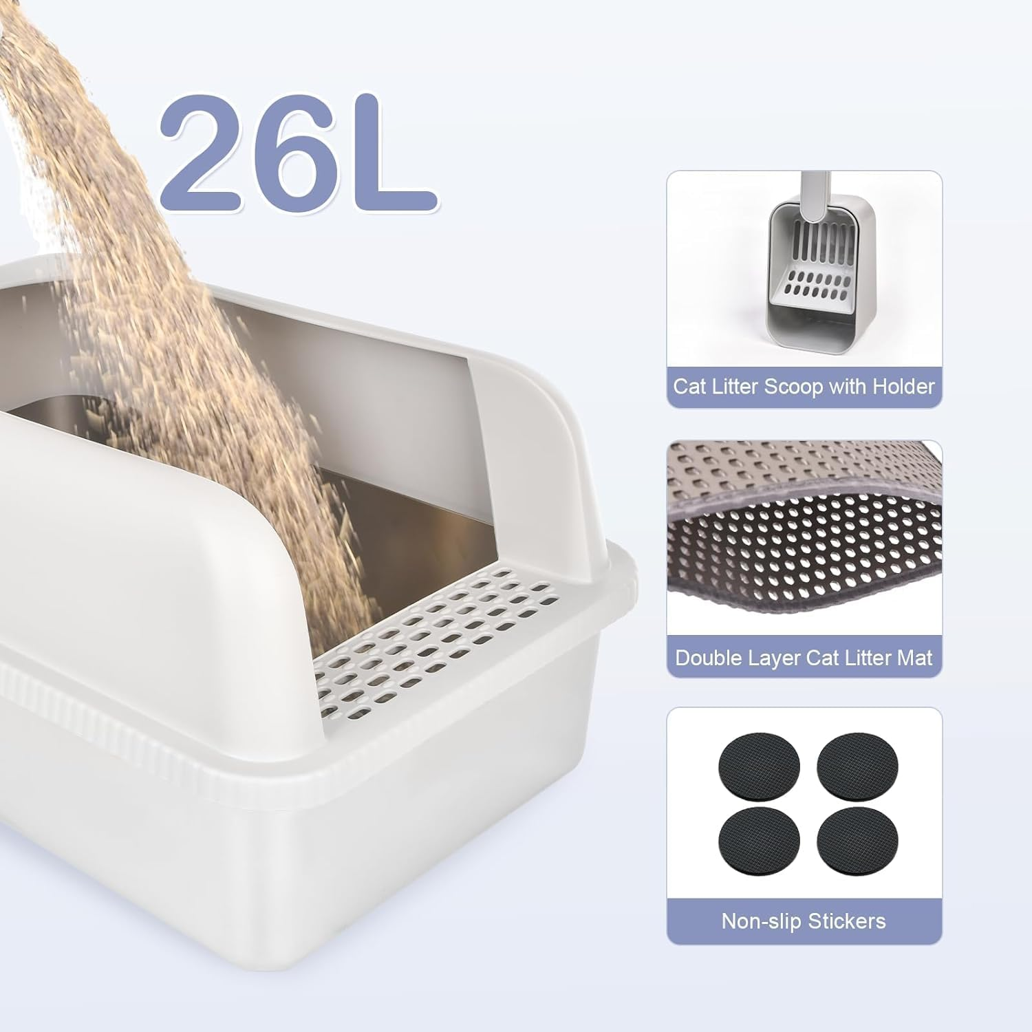 Stainless Steel Cat Litter Box with Lid, 51Cm L X 36Cm W X 30Cm H, Extra Large Litter Box for Big Cats with High Sided, Anti-Urine Leakage, Easy Cleaning, Include Cat Mat and Scoop(Light Grey) image number 5