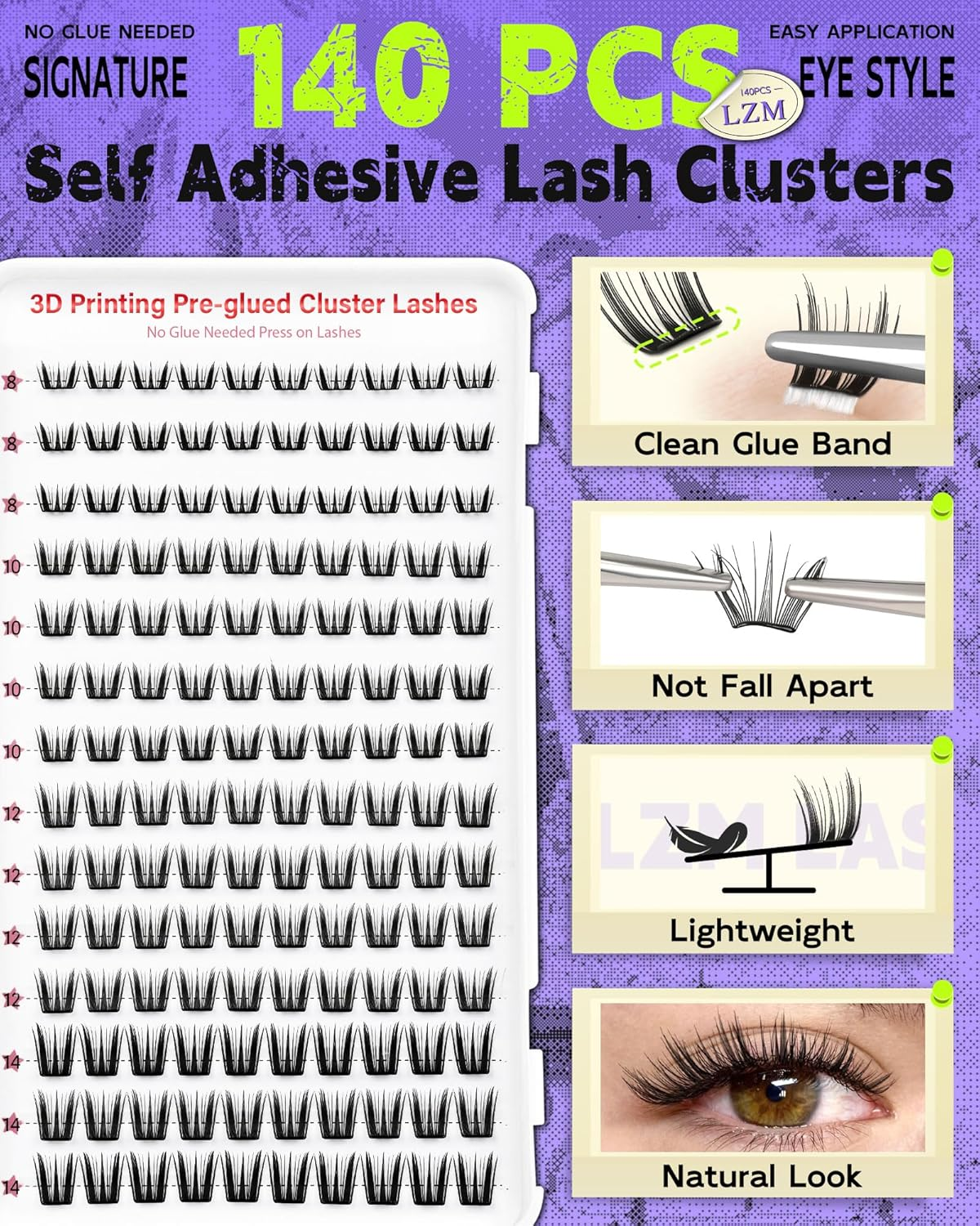 LZM Pre Glued Cluster Lashes Self Adhesive Lashes Clusters Natural with Tweezers No Glue Needed Press-On Eyelashes 8Mm 10Mm 12Mm 14Mm Wispy Eyelash Extensions DIY at Home (KLSH31B)
