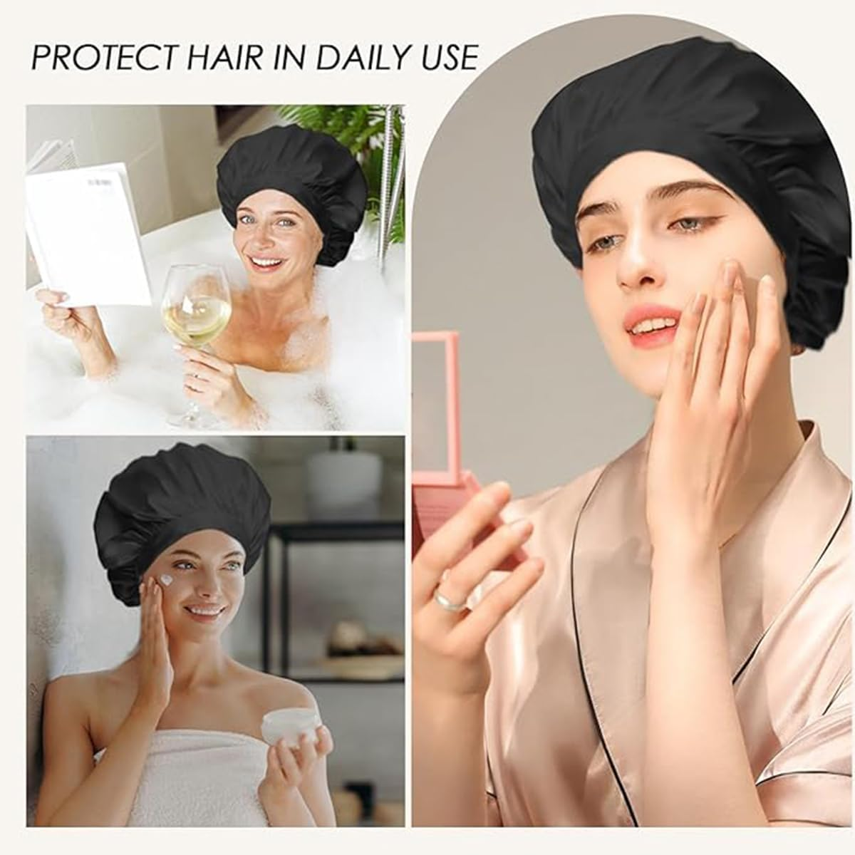 Pack of 2 Satin Hair Caps for Night, Silk Hood for Sleeping with Soft Comfort, Breathable Sleep Cap for Curls and Smooth Hair, Extra Wide Waistband (Black/Silver + 2 Hair Bobbles) image number 5