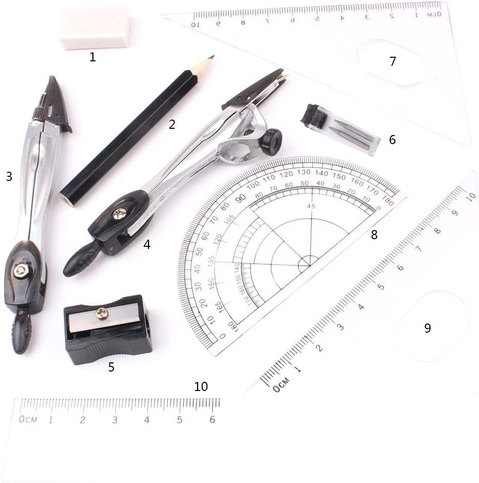 Geometry Compass Sets,Geometry Set Math Compass,Math Compass for Geometry Set,10Pcs Math Geometry Kits Compass Maths Tool with Compass,Protractor,Ruler Eraser, Pencil,Pencil Sharpener,Refills,Box image number 3