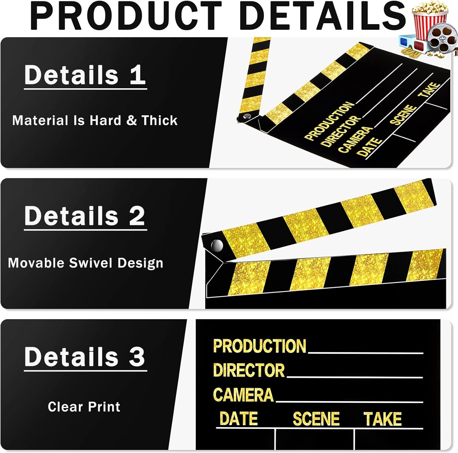 10 Pieces Film Clap Board, 7 X 8 Inch Cardboard Directors Clapper, Writable Cut Action Scene Board for Films, Photo Props (Gold) image number 5