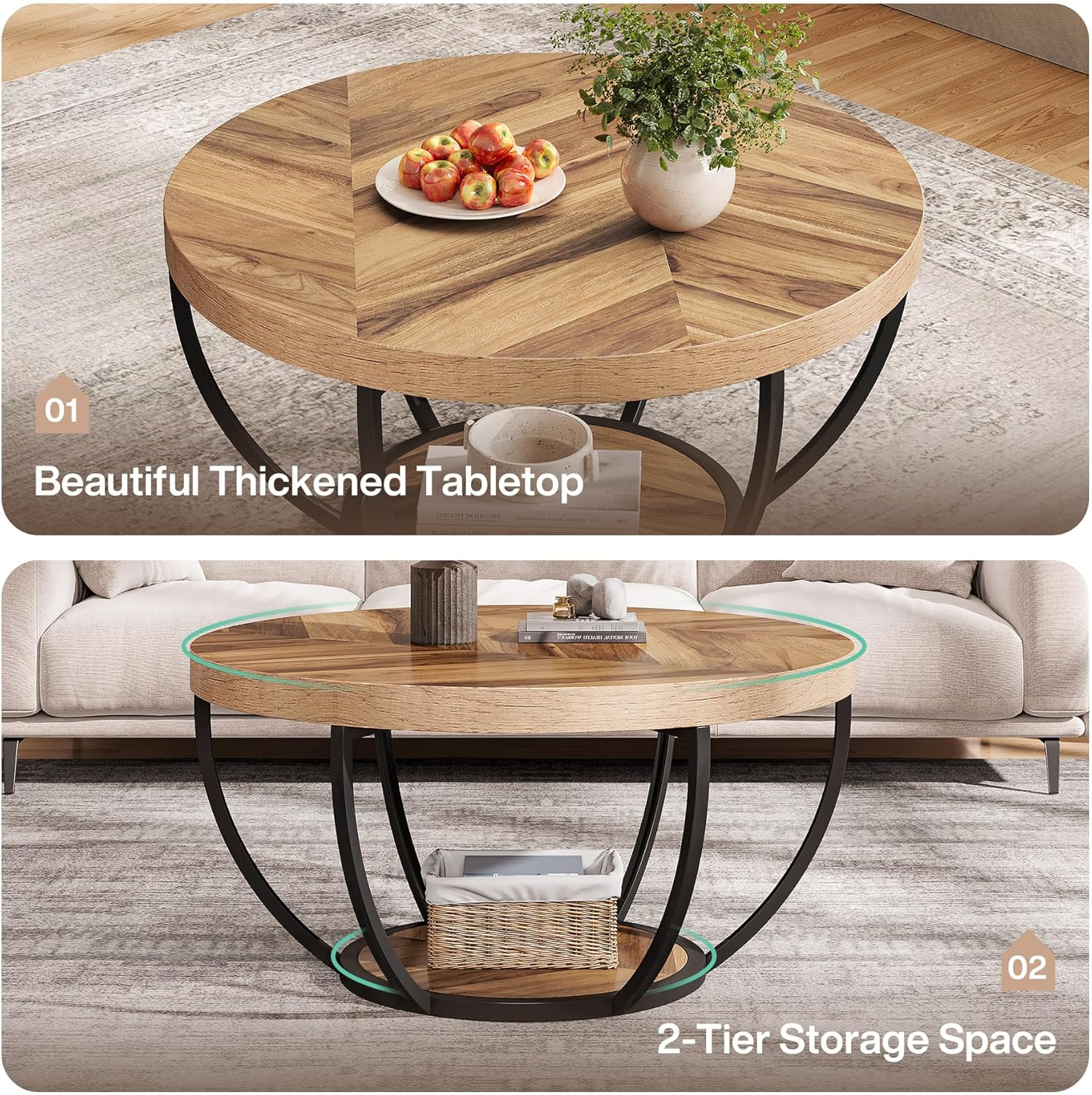 Tribesigns 80 Cm round Coffee Table, Industrial 2-Tier Coffee Table Storage, Modern Wooden Accent Center Desk Sofa Side for Living Room, Home Office, Wooden Grain and Black image number 5