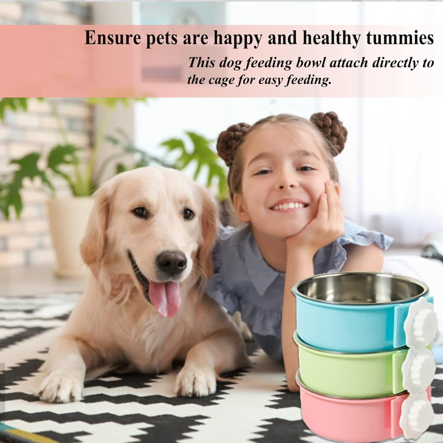 Pet Bowls for Cats and Dogs, Detachable and Hanging -2-Piece Set of Stainless Steel, Cat Cage, Food Bowl, and Dog House Water Dispenser, Suitable for Puppies, Birds, and Kittens (Pink+Blue) image number 6