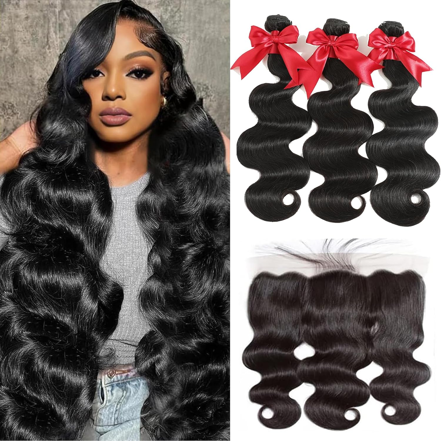 12A Frontal Human Hair Bundles 24" 26" 28" with 20" Brazilian Wave Human Hair Bundles with Front Closure 100% Unprocessed Human Hair 3 Bundles 13X4 HD Lace Frontal