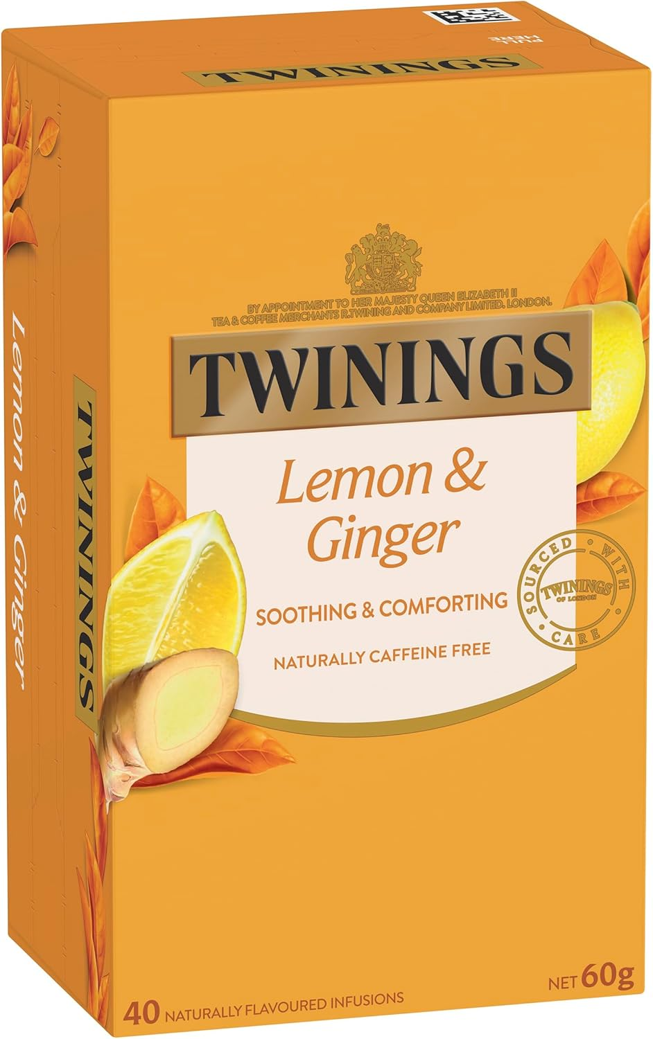 Twinings Lemon & Ginger Herbal Tea, 40 Tea Bags, Caffeine Free, with Lemongrass and Ginger Root