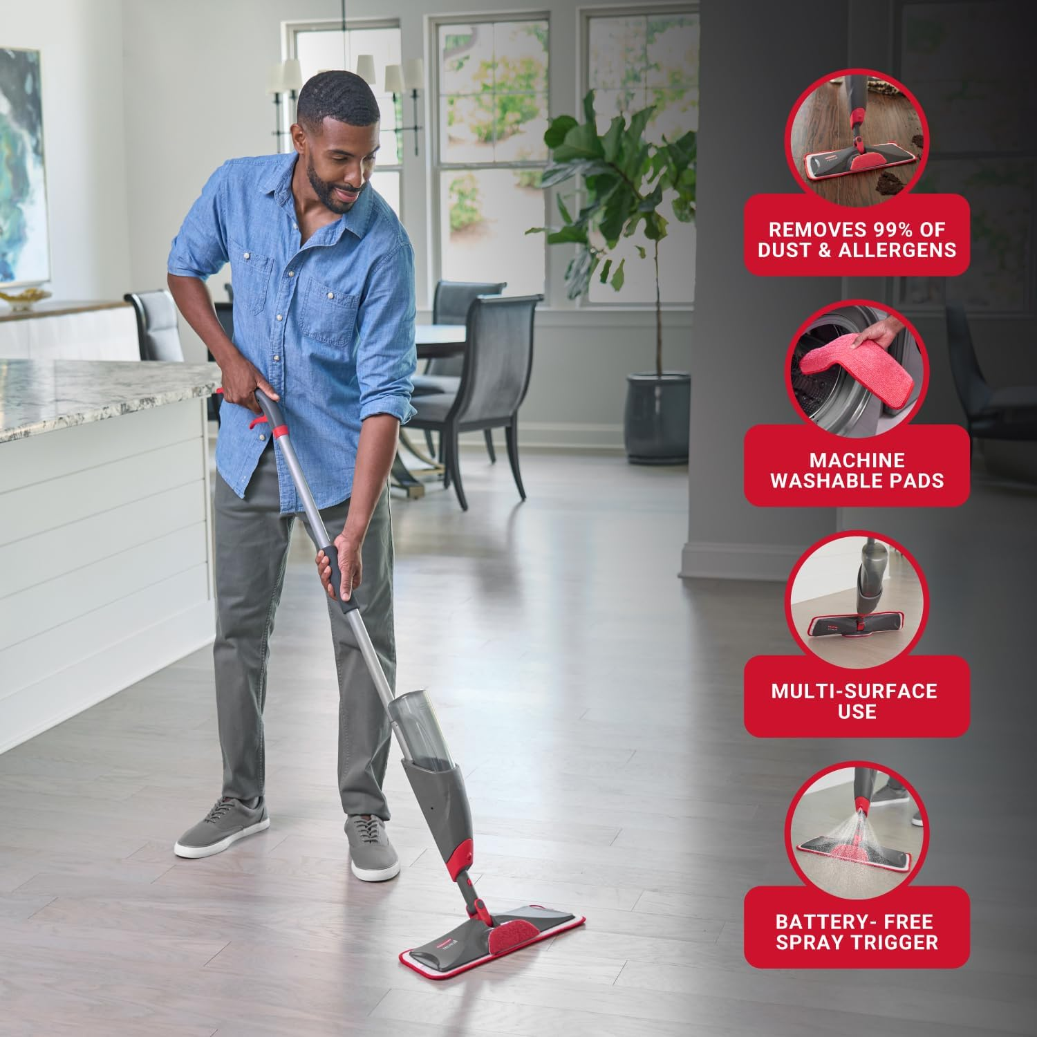 Rubbermaid Reveal Mop 3 in One, with 3 Reusable Microfibre Pads and a Scrubber, Refillable Bottle Included, for Wet and Dry Floor Cleaning