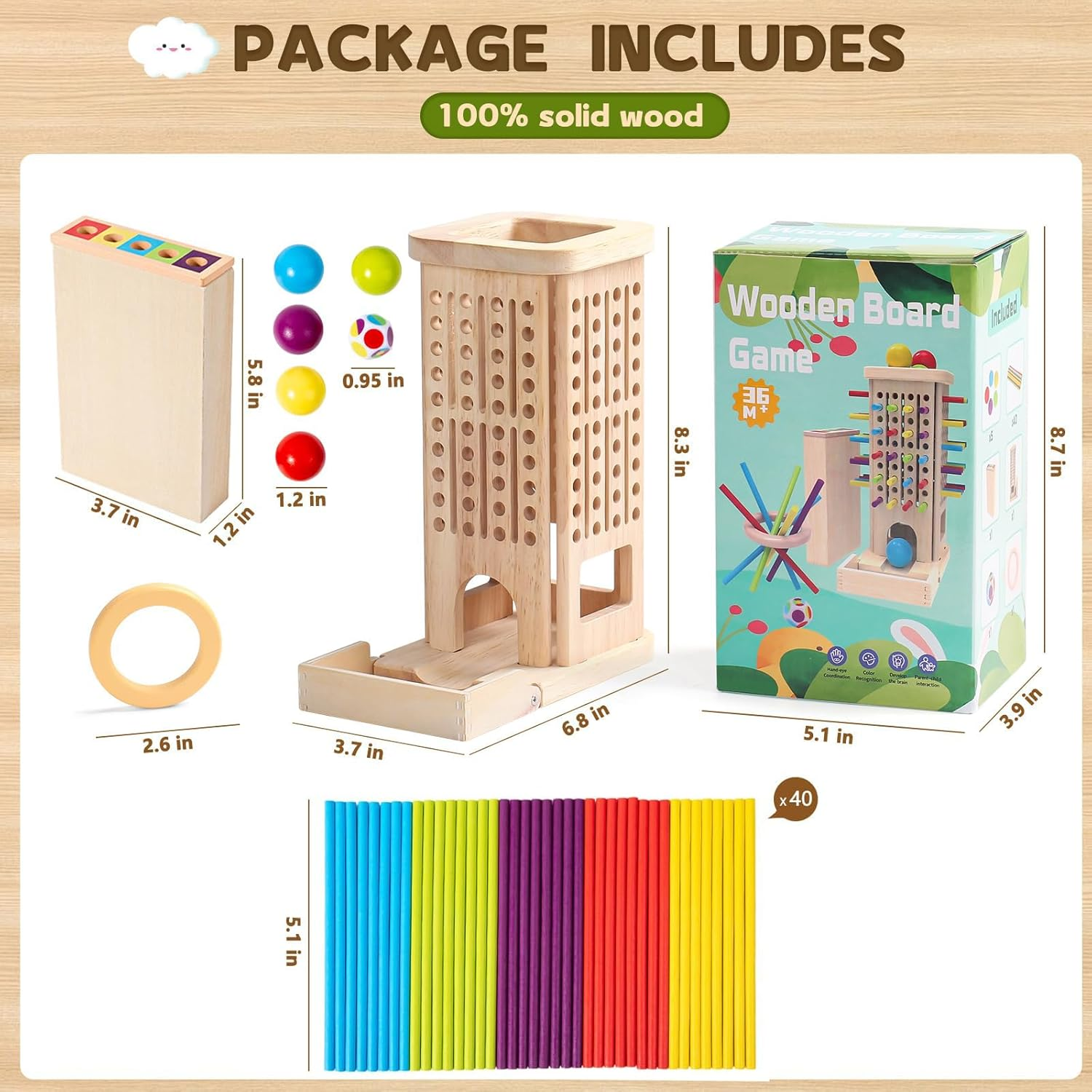 Montessori Educational Toys for 3 Year Old Fine Motor Skills Toys for 5 Year Old Wooden Board Game - with Colorful Sticks, Dice & Stones, Family Game Gifts for Age3 4 5 6 7 8 Boys Girls