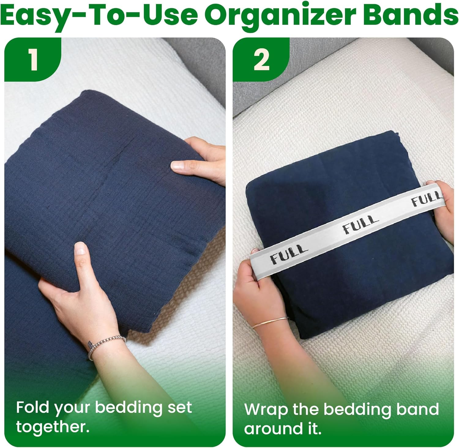 Ecohomes Bed Sheet Organizer and Storage Size Label Bands | Bed Sheets Set Organizers for Linen Closet Organization - Elastic Bedding Band Labels for Organizing Bedsheet (Full 2Pcs Pack | White)