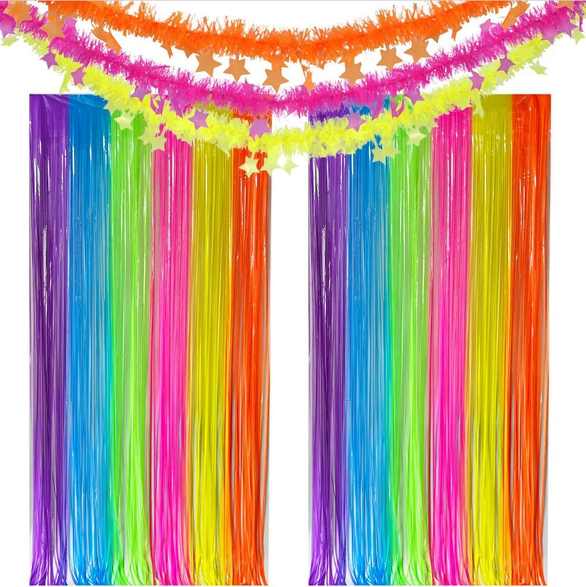 3Pack Matching Foil Fringe Curtain Backdrop Glow in the Dark Party Supplies Fluorescent Macaron Tassel Curtain Photo Booth Props Background Streamers Party Decoration image number 3