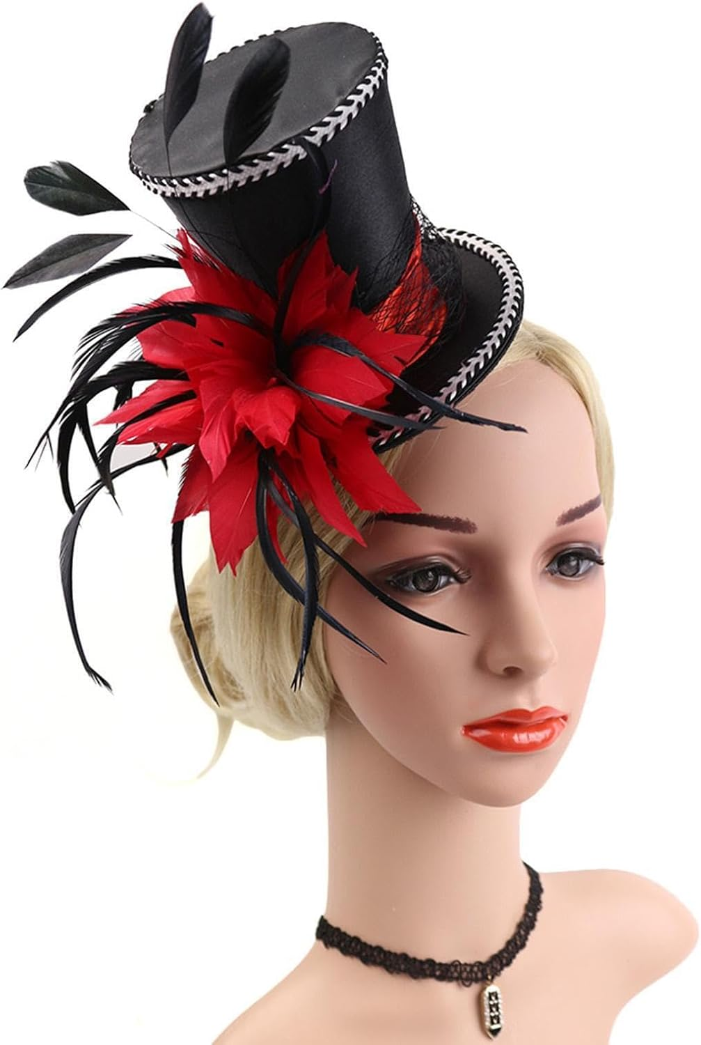 Exquisite Vintage Feather Fascinator Top Hat for Wedding Bridal Woman Fancy Dress, Red image number 5