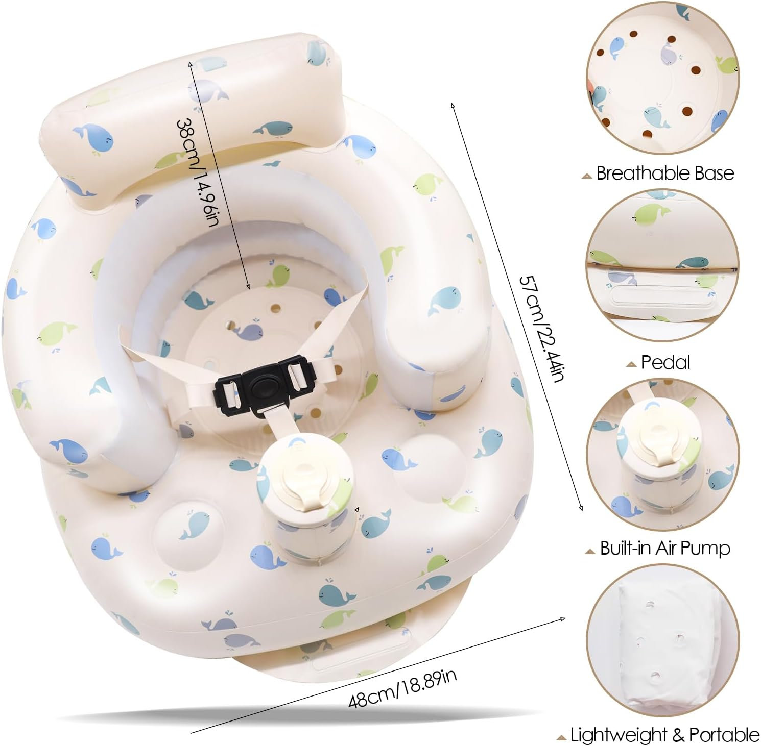 Upgraded Airswim Baby Inflatable Seat for Babies 3 Months and Up, 3-Point Harness Baby Support Seat Summer Toddler Chair for Sitting Up, Portable Inflatable Baby Chair Floor Seater, Whale image number 2