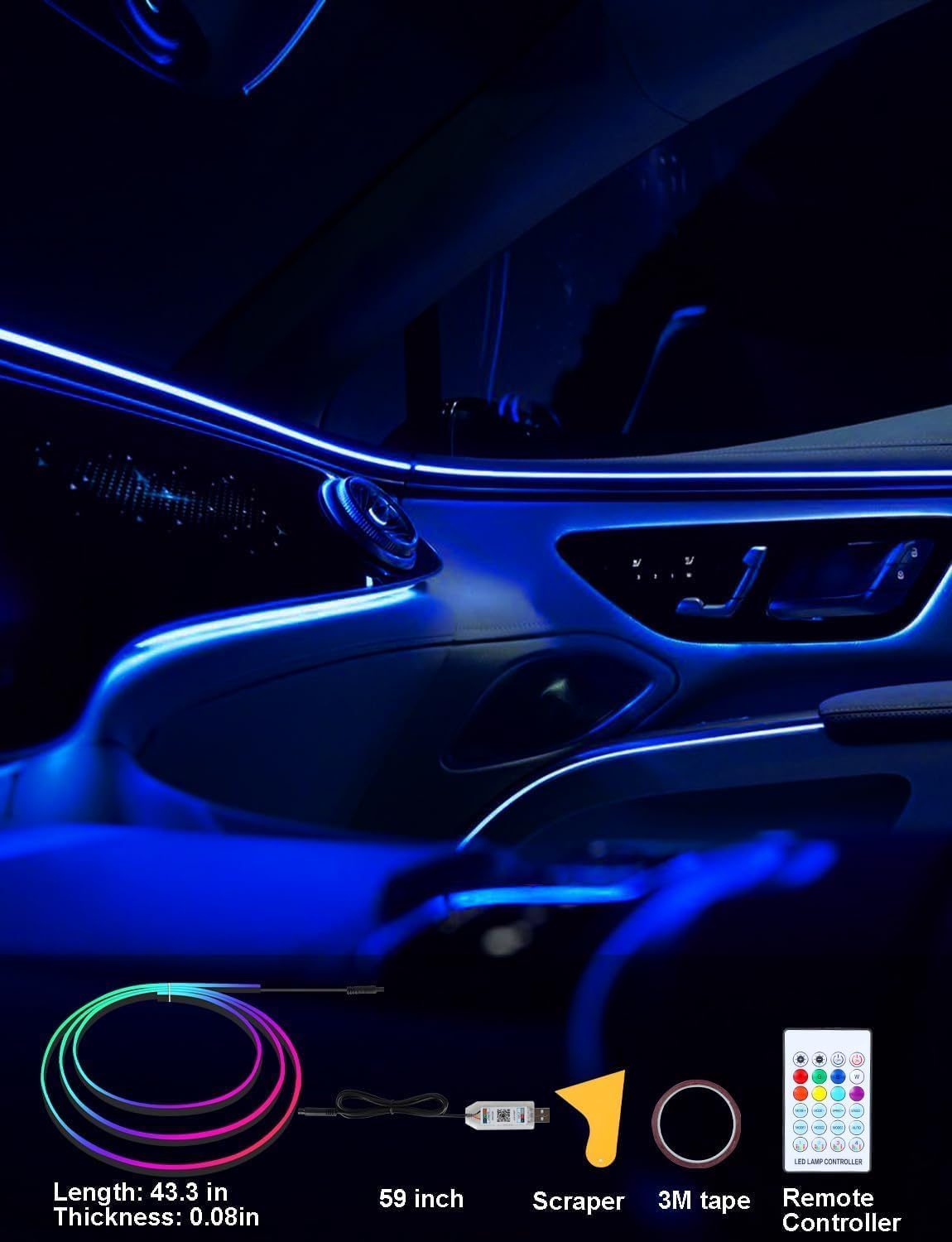 Interior Car LED Strip Lights 43 Inches Length 0.08In Ultra-Thin Thickness with App/Remote Control, Color Changing Ambient Lighting Kit, Sync to Music Car Lighting Accessories image number 4