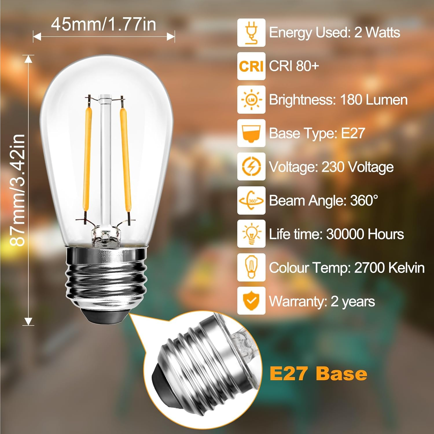 BRIMAX - 49Ft Outdoor Patio Led Edison String Lights for Caf&eacute; outside Lights D&eacute;cor, 15 E27 Socket,15+1 2W S14 LED Non-Dimmable Filament Bulb, for Christmas Decoration