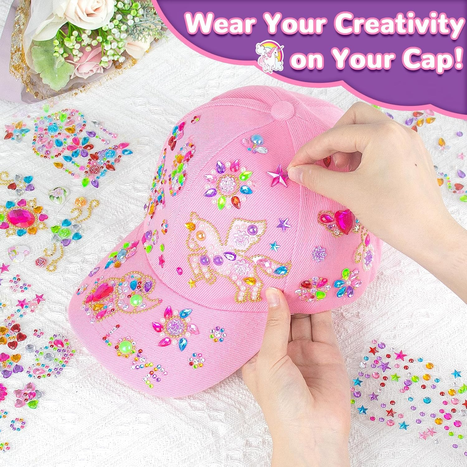 Gifts for Girls 4-12 Year Old, Art & Crafts Kit for Kids, Decorate Your Own Baseball Cap with Unicorn Glitter Gem Stickers Stickers, Fun Creative DIY Toys for Kids Girls image number 6