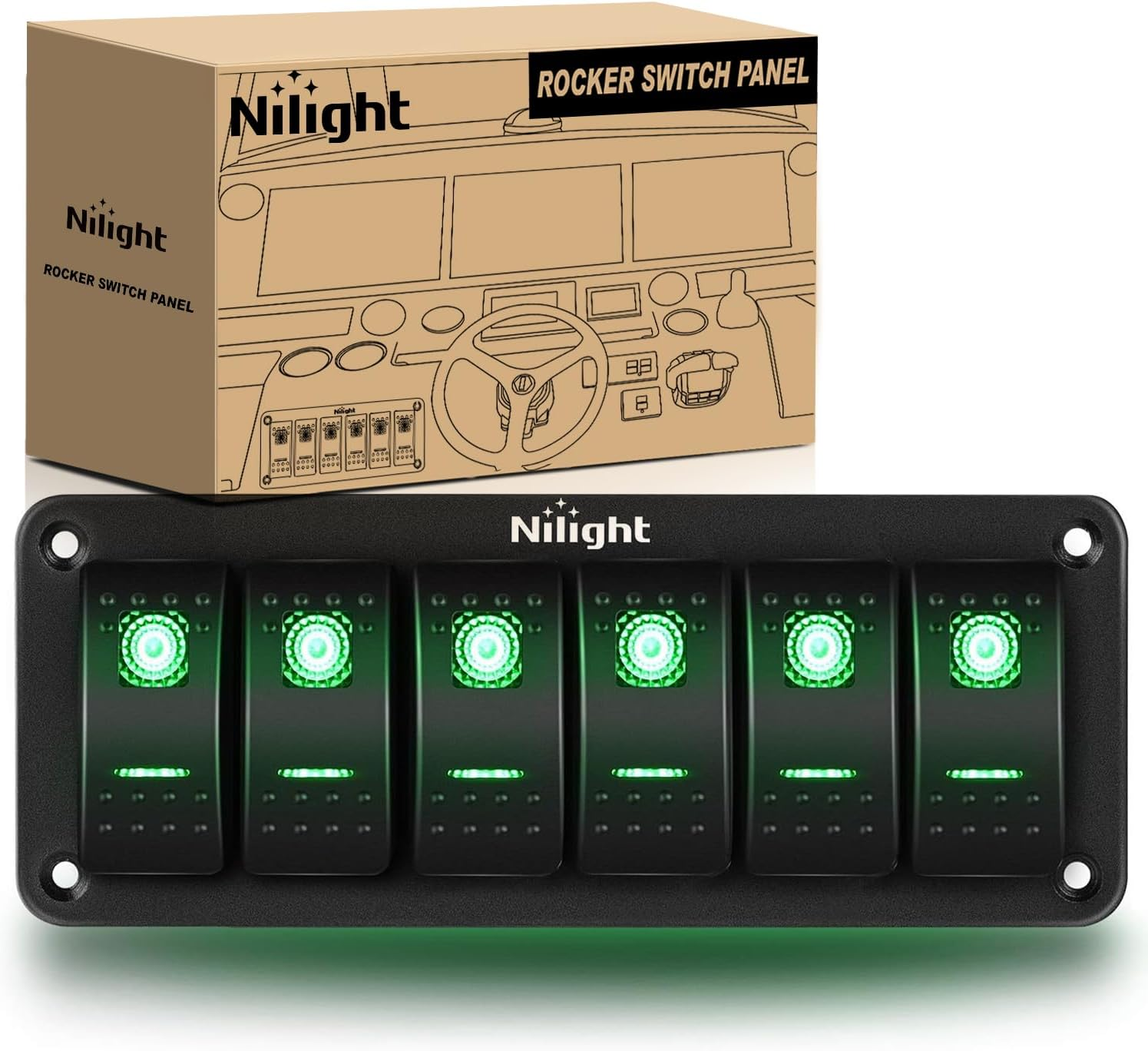 Nilight 6 Gang Rocker Switch Panel 5Pin on off Toggle Switch Aluminum Holder 12V 24V Dash Pre-Wired Green Backlit Switches for Automotive Cars Marine Boats Rvs Truck