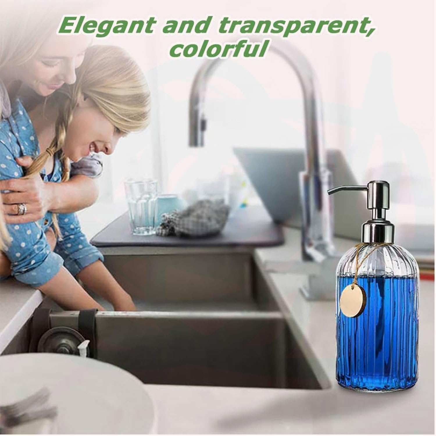 YIRANJIA 2-Pack 18 Oz Glass Soap Dispenser with Rust-Proof Stainless Steel Pump - Refillable Vertical Stripe Design for Kitchen & Bathroom image number 1