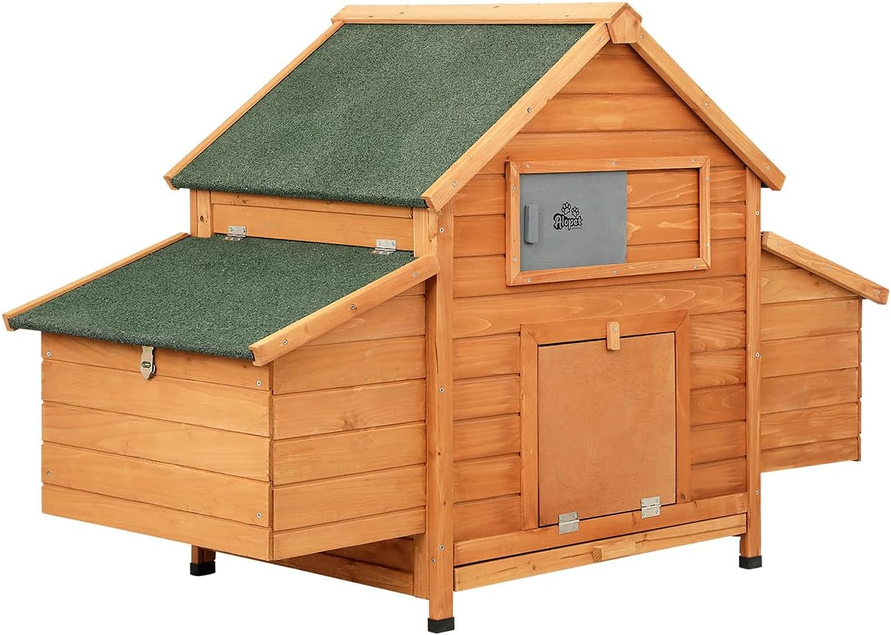 ALOPET Wooden Chicken Coop Rabbit Hutch, Large Pet House Run Cage W/Front Door, Sliding Window, Openable Asphalt Roof Outdoor Pet Hutch for Bunny Guinea Pig Small Animals, 150X68X96Cm, Brown & Green image number 2