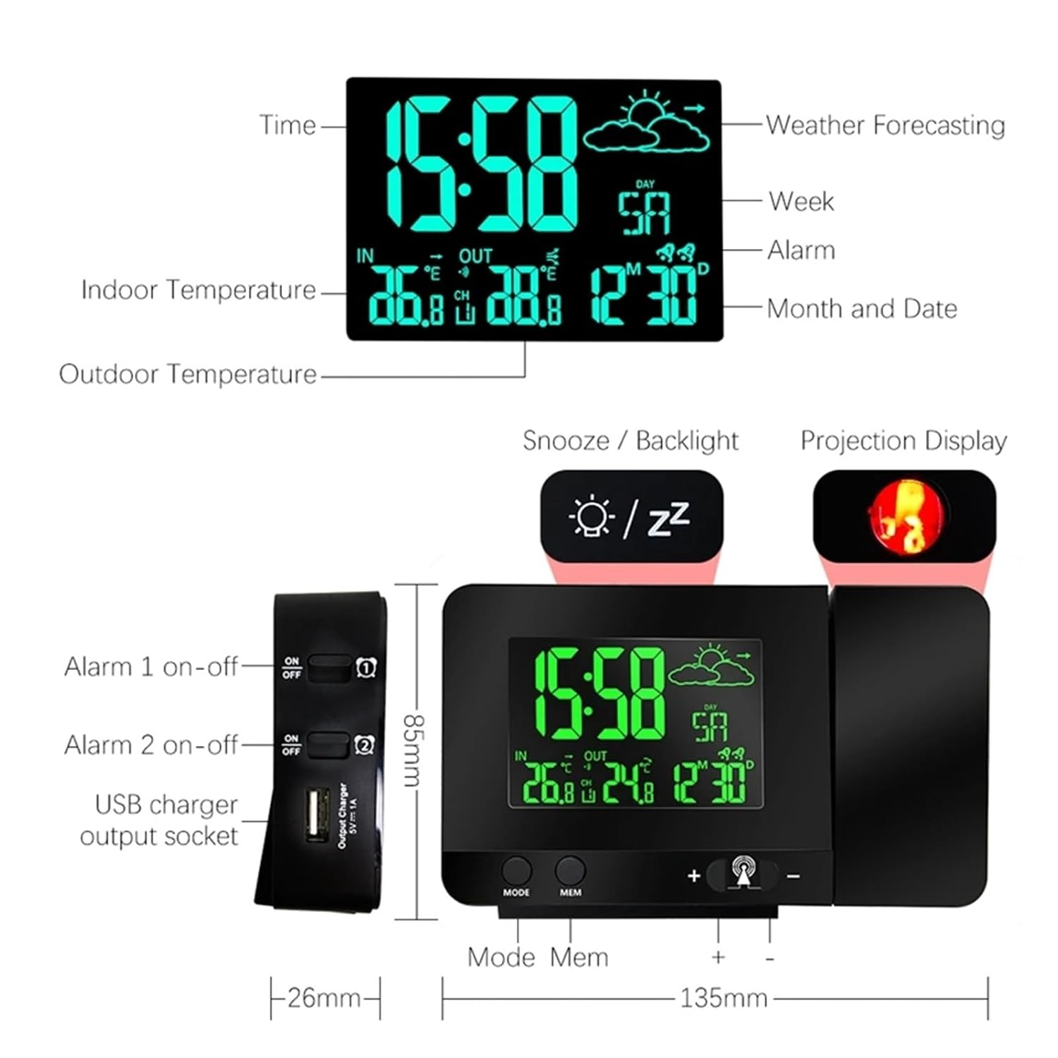 Indoor Outdoor Colorful Change LCD Display Weather Station Radio Control Projection Time Forecast Temperature Sensor image number 2