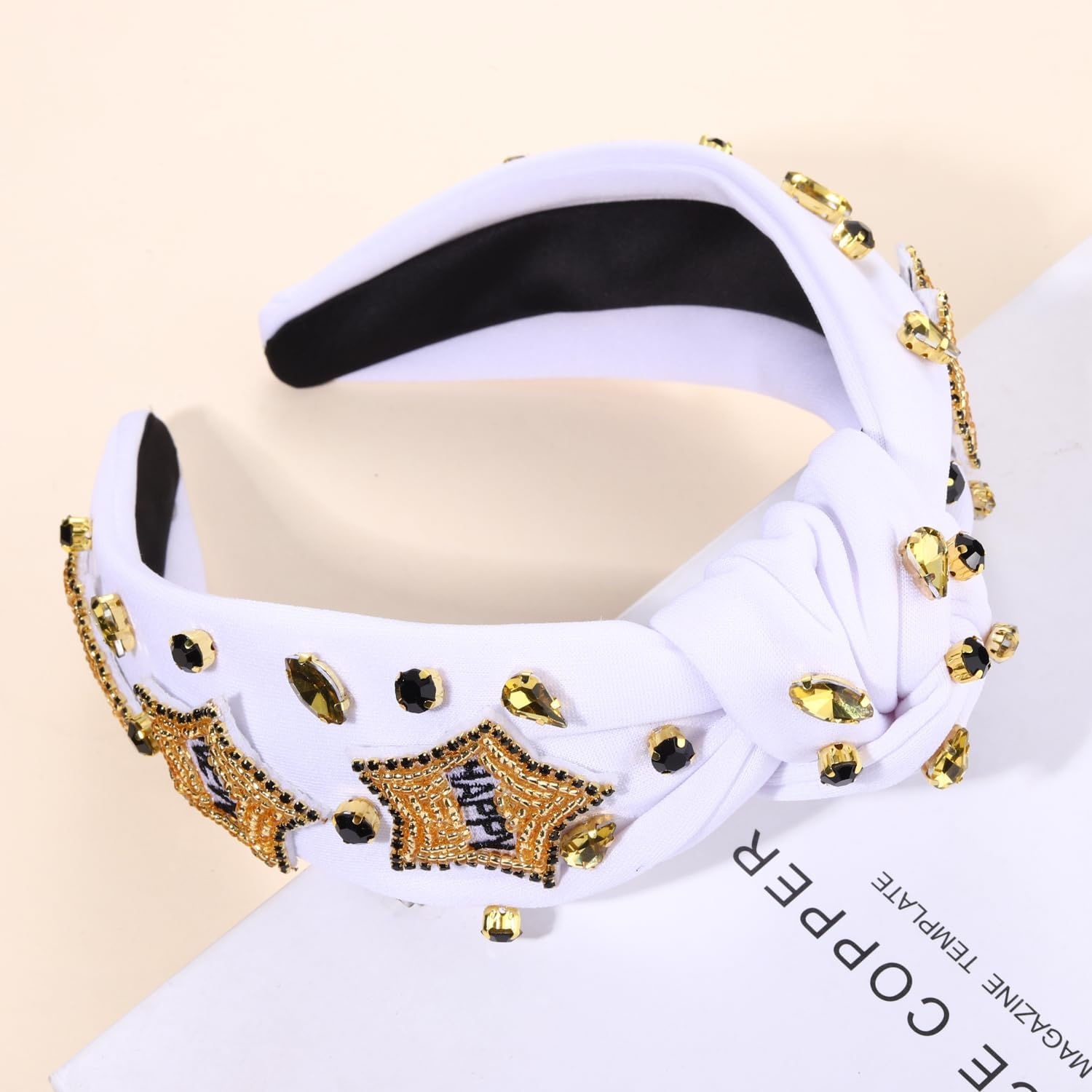 New Year'S Eve Headbands for Women Beaded Happy New Year Headbands Jeweled NYE Star Headbands Gold Rhinestone Crystal Knotted Headband New Years Eve Accessories Party Favors Gifts (HAPPY NEW YEAR) image number 4