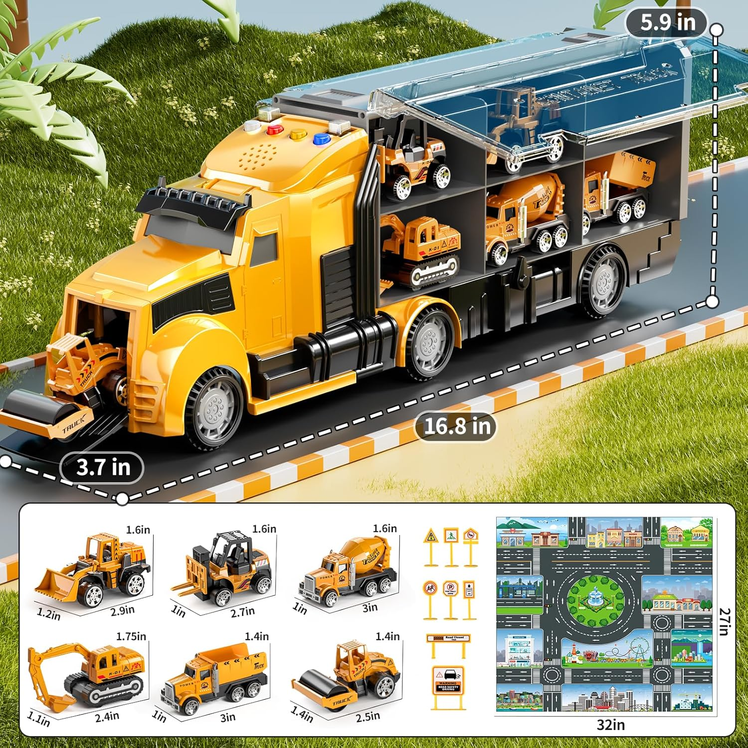 Construction Trucks Toy Set with Play Mat, Carrier Truck Play Vehicles Set for 3 4 5 6 Years Old Boys Kids, Die-Cast Car Toy for Toddlers 3-4 Years, Birthday Gifts Toys for 3-9 Year Old Boys image number 4