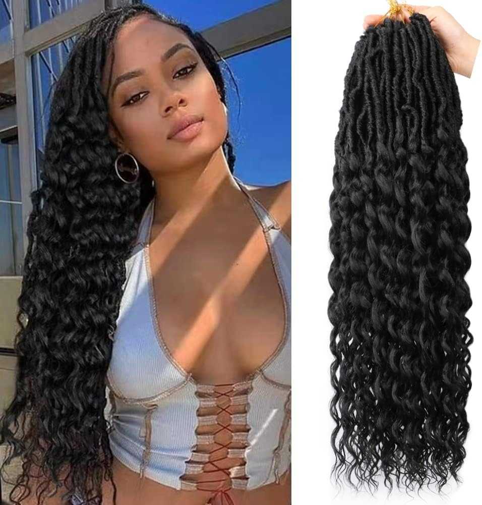 Crochet Braids Twist Hair Goddess Faux Locs Curly Ends Dreadlocks Braids Synthetic 6 Packs 50.8 Cm Hair Extensions High Temperature for Black Women (Deep-1B)