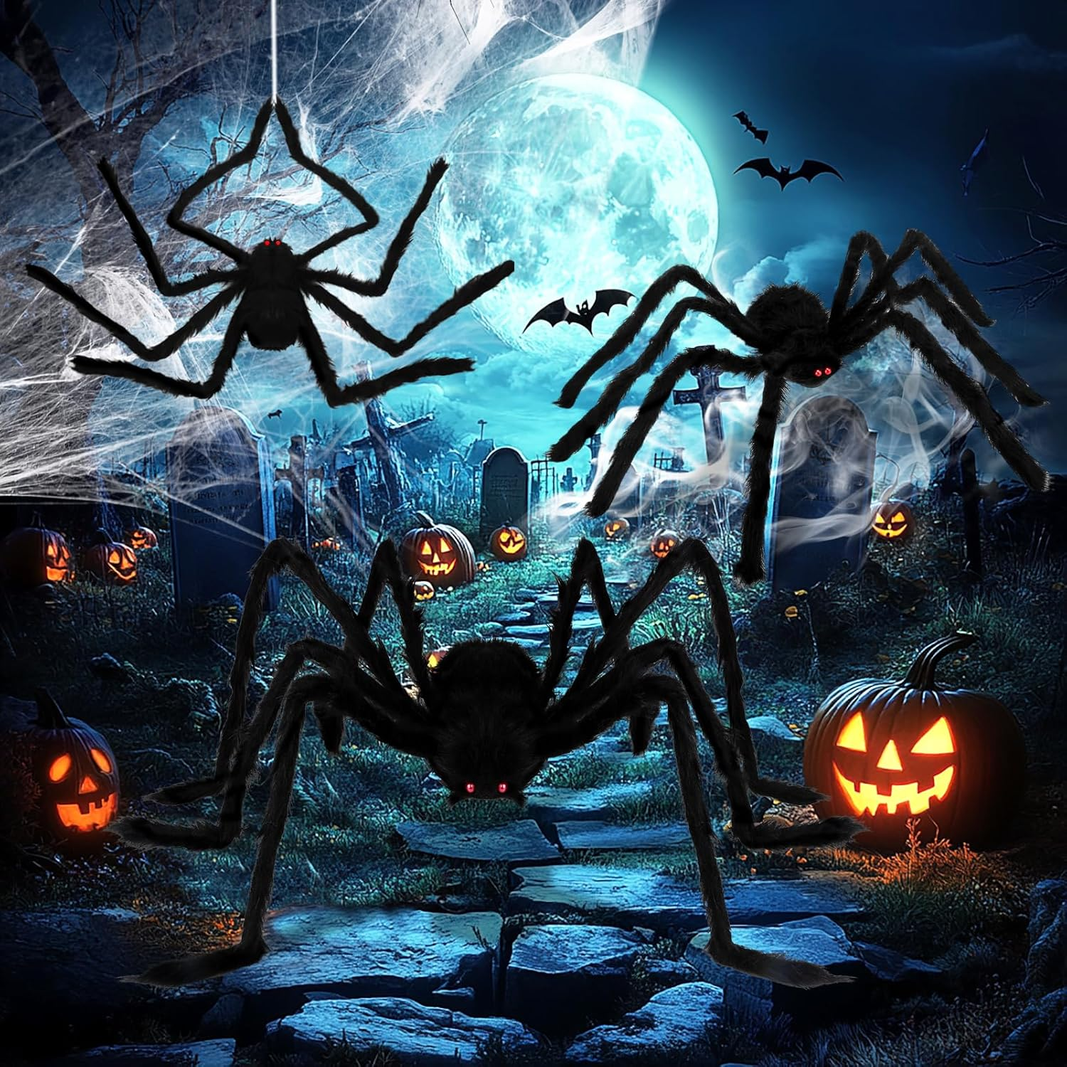 Halloween Giant Spider Decorations - 3 Pcs Realistic Scary Spiders Set Halloween Decorations outside - Fake Large Spiders Props for Indoor Outdoor Lawn Yard Party Creepy Decor (59", 49&rdquo;, 35&rdquo;) image number 3