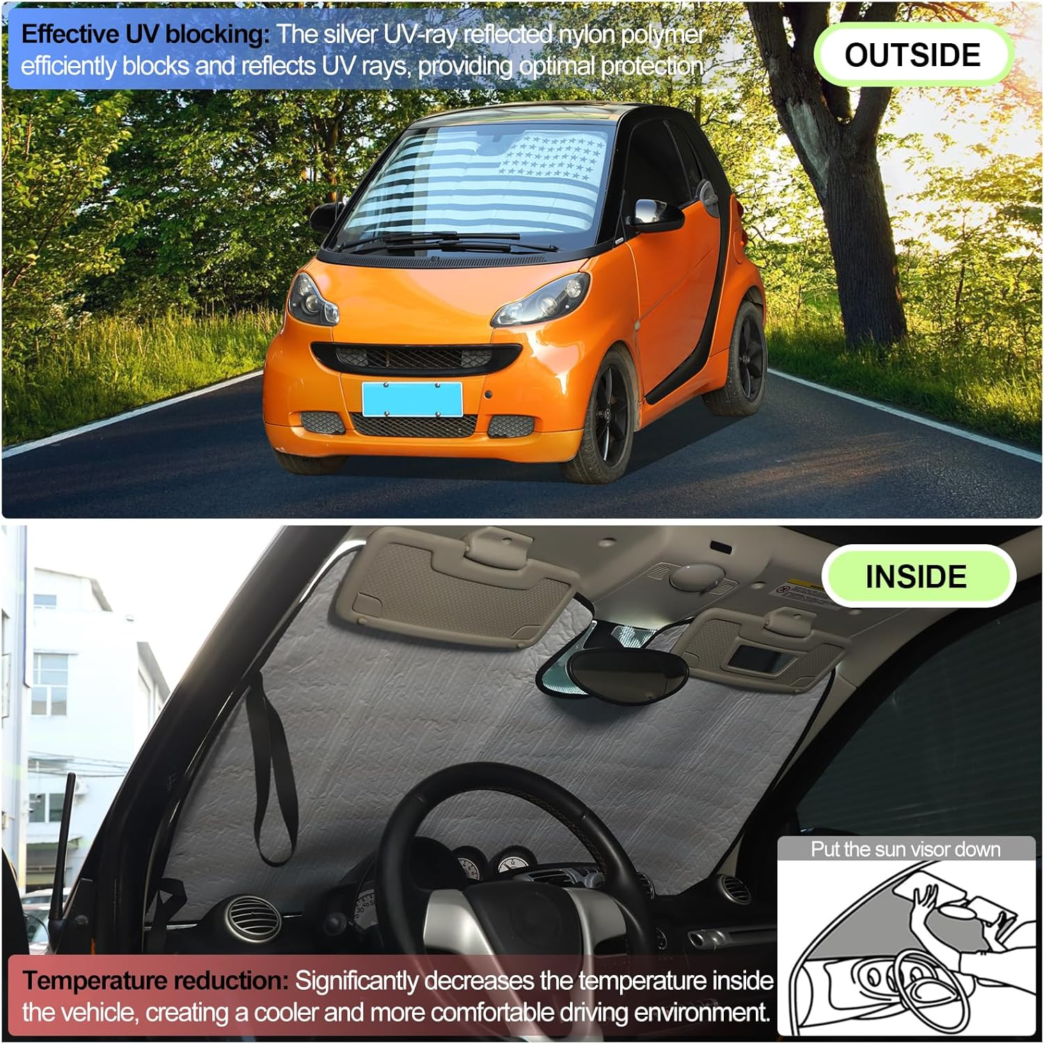 Windshield Sunshade for Benz Smart Fortwo Forfour 453 451 450 2009-2021 Front Window Sun Shade Foldable Reflective Sun Visor Custom Sunscreen UV Blocker Privacy Protector Heatshield (Black) - For Audi Q7 2020-2023 image number 3