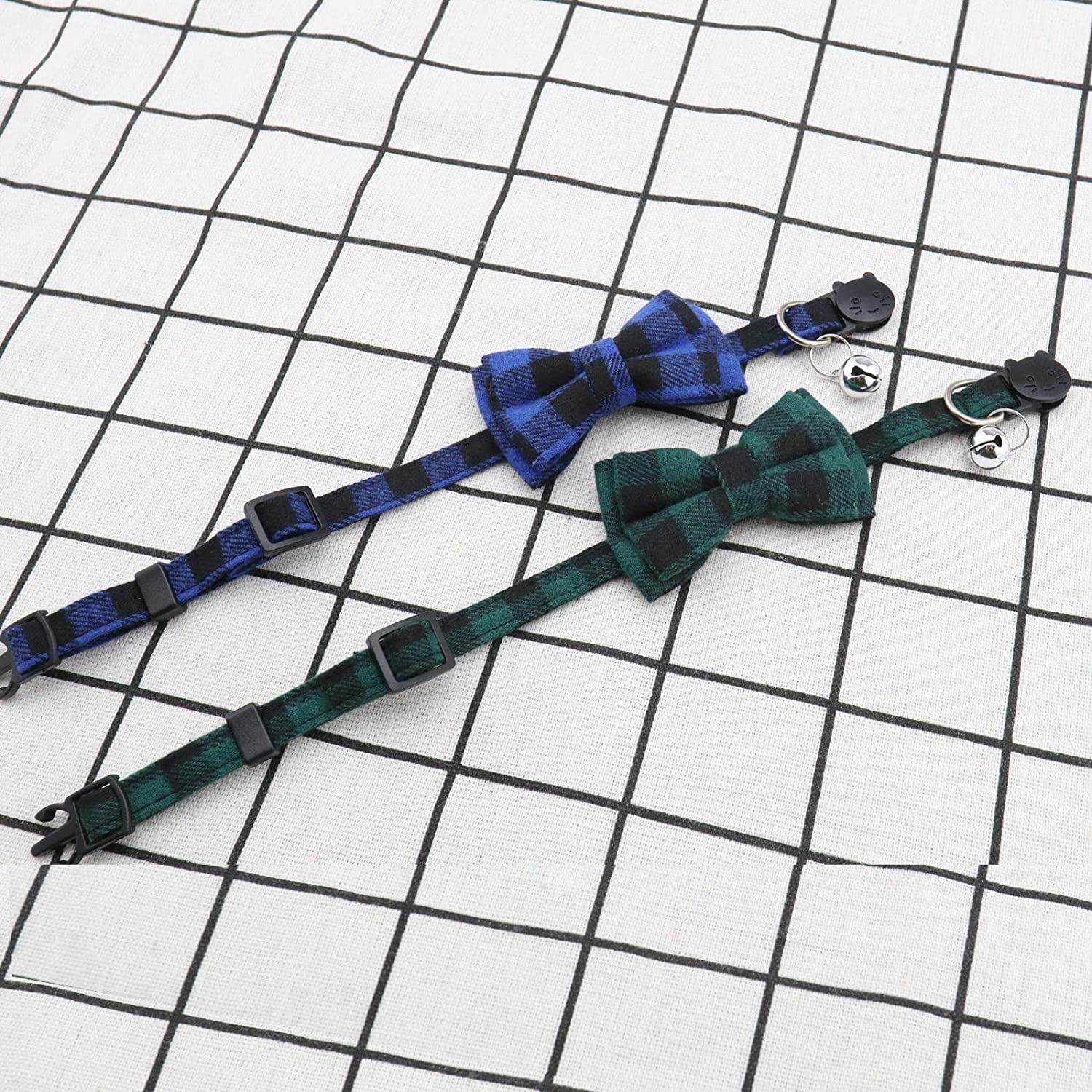 SING F LTD 2PCS Dog Collars with Bell and Bow Tie Cute Plaid Collars with Soft Comfortable Bowknot and Adjustable Buckle for Dogs Cats Pets Blue Green M Size image number 3