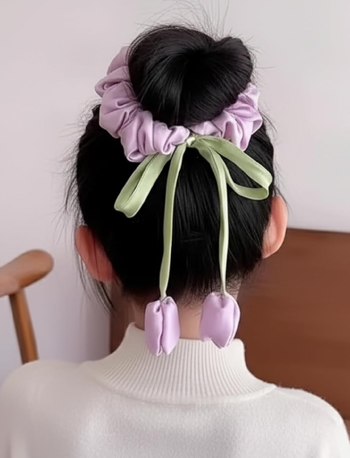 LIVSY Korean Style Sweet Satin Tulip Ribbon Scrunchie &ndash; Silk Scrunchie Hair Tie with Floral Bow & Hanging Buds | Kitsch Beauty Hair Accessories for Women & Girls, Cute Hair Clips & Stylish Hair - Purple - Purple image number 4