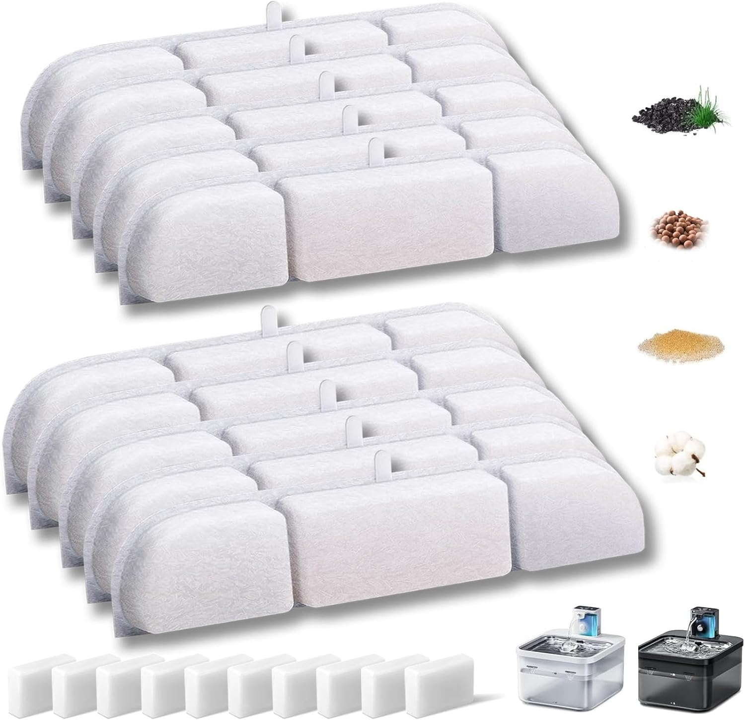 Hantoc Pack of 20 Replacement Filters for Drinking Fountains, Cat Fountains, 10 Pieces Carbon Filters and 10 Pieces Foam Filters for 2.5 L Cat Water Fountain DPWFP6 Replacement Filter with Resin And image number 2