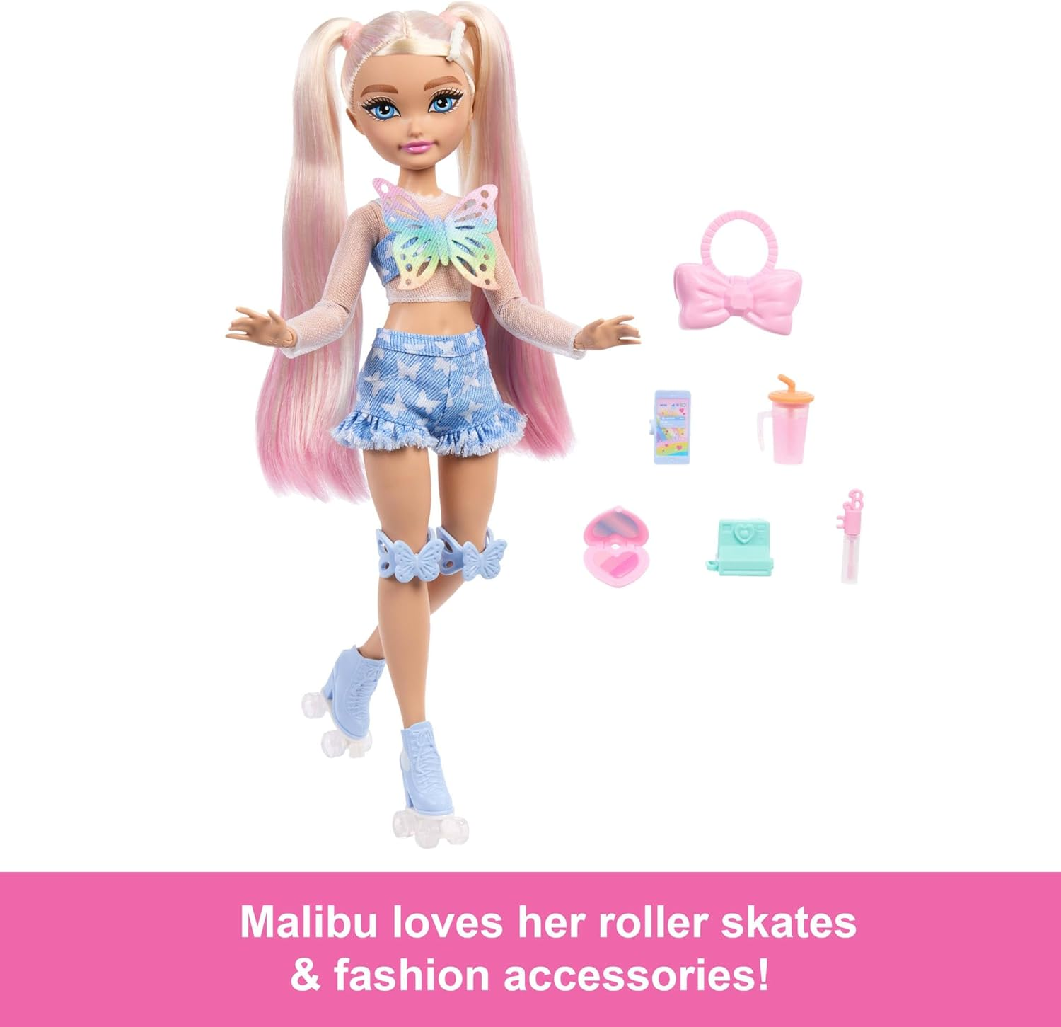 ​Barbie Dream Besties Doll and Accessories, Barbie &ldquo;Malibu&rdquo; Posable Roller Skating Fashion Doll with Blonde Hair, 9 Makeup Themed Pieces