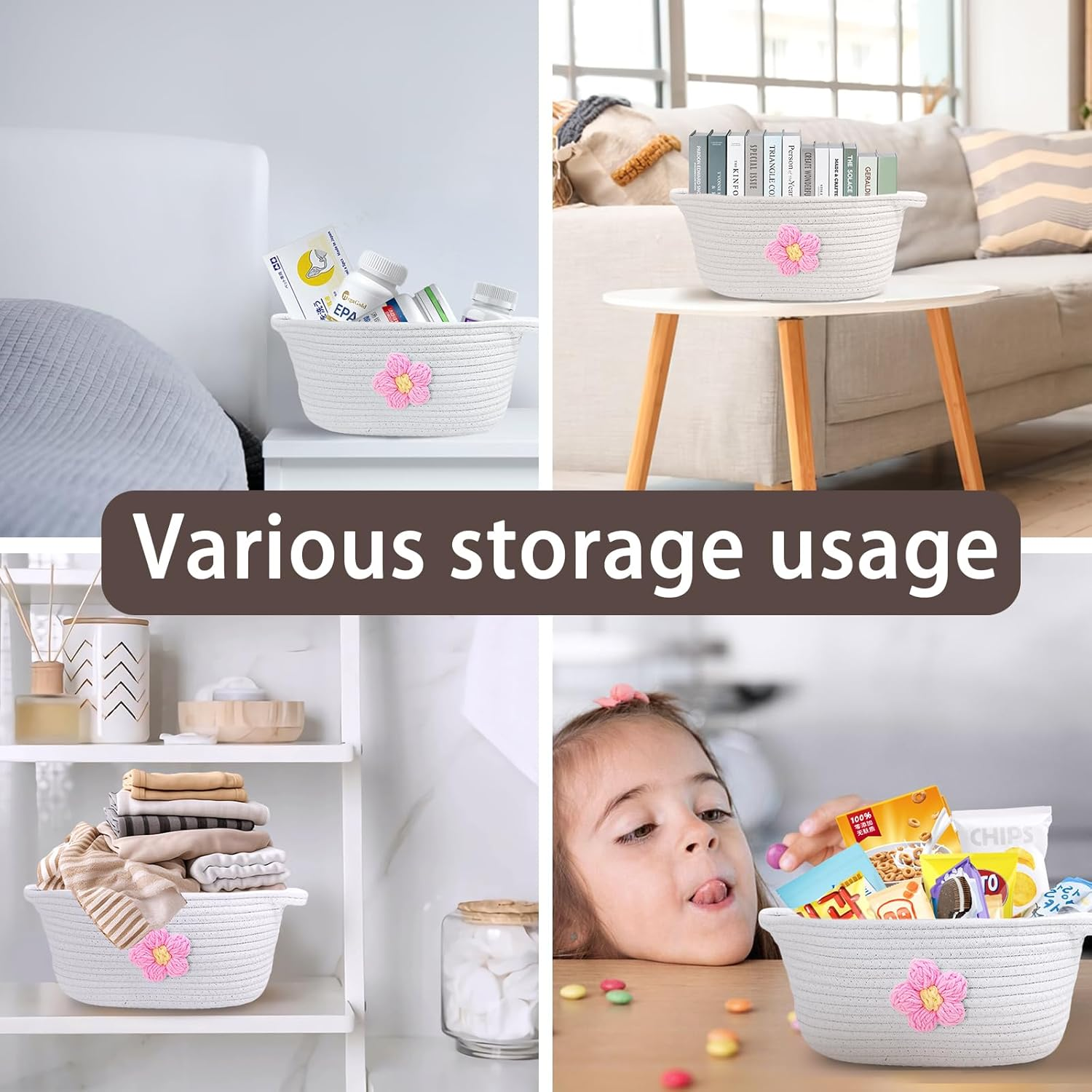 Esme L&H Small Woven Basket for Gifts Empty with Bag and Ribbon, Cute Yarn Flower Design Empty Baskets for Gift, Small Cotton Rope Organizer Bin for Various Storage Usage, 12"X9"X6" image number 3