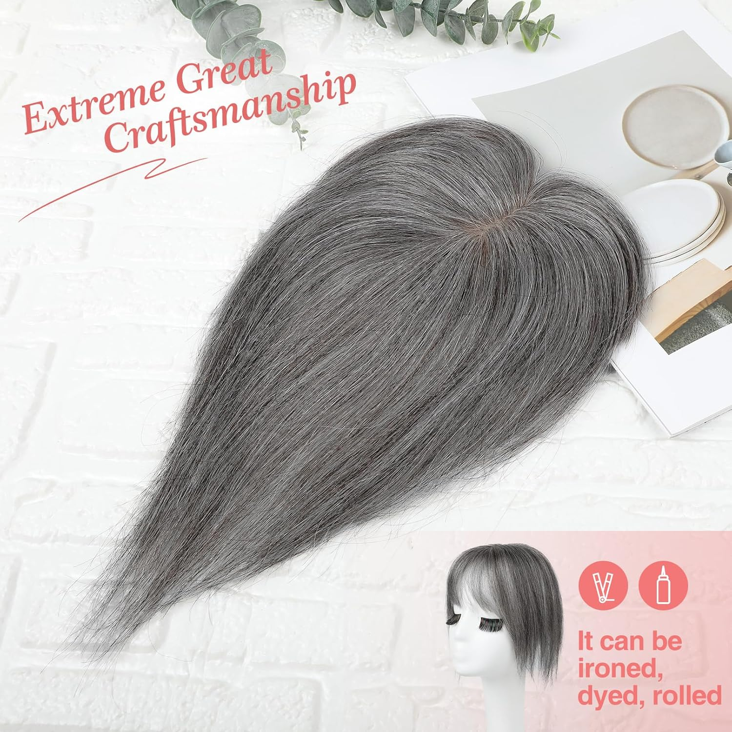 Flufymooz Real Human Hair Toppers for Women, 10 Inch Clip in Bangs 100％ Human Hair Toppers for Thinning Hair, Cover Hair Topper Hair Pieces with 150% Density Silk Base-Silver Gray with Brown Mixed image number 3