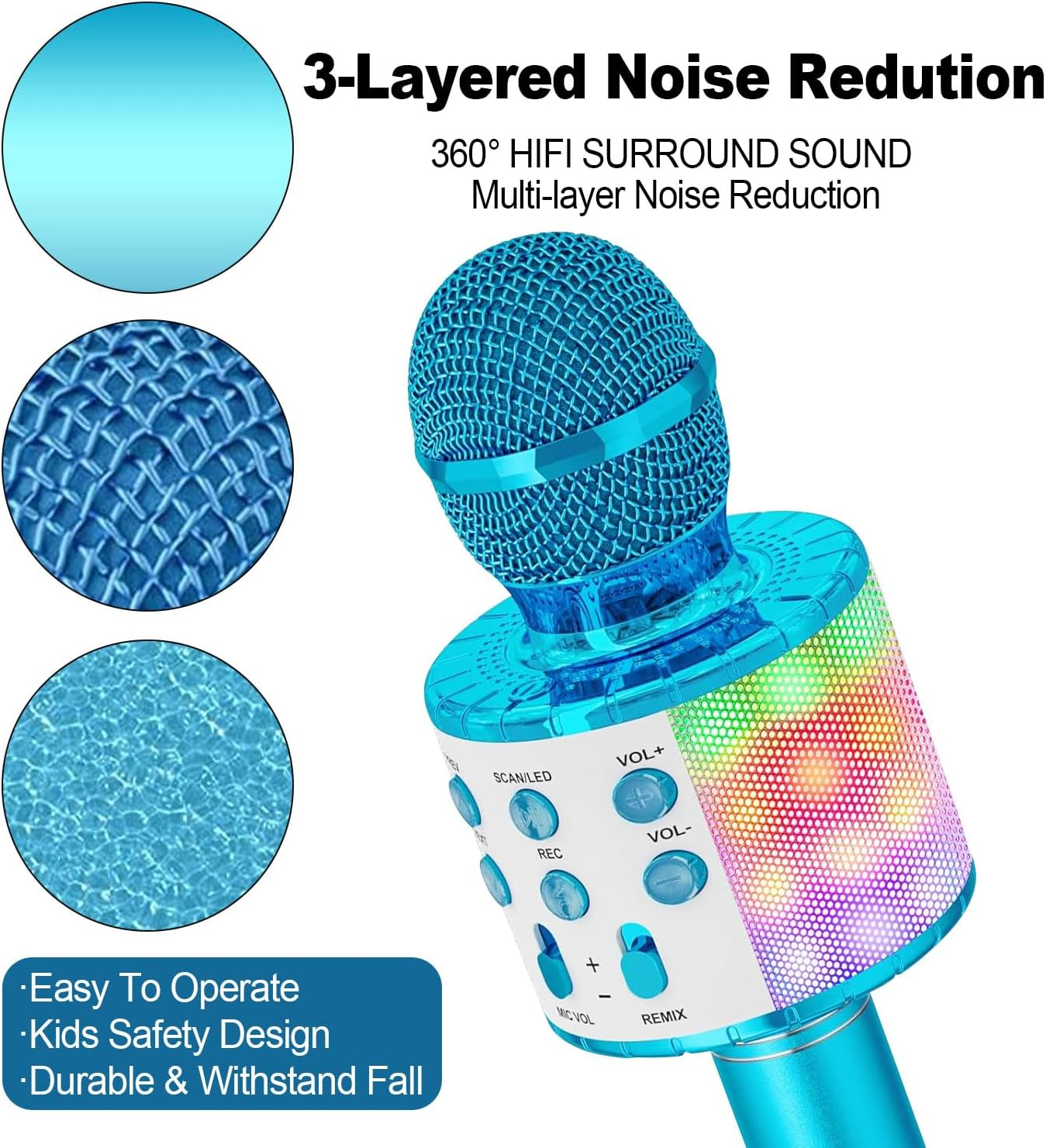 Wireless Karaoke Microphone, 5 in 1 Portable Bluetooth Microphone Kids, with Colored Leds. Karaoke Mic, for Mobile Phone/Android/Tv, for Gifts for Girls, Children and Adults of All Ages (Blue) image number 5