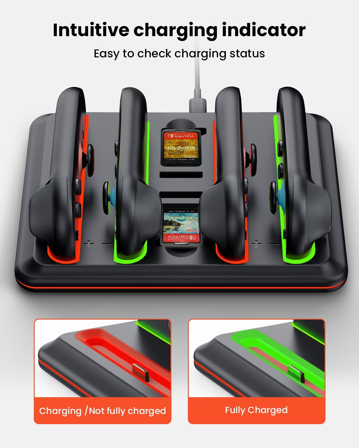 Switch 2 Controller Charger Dock for Nintendo Switch Joycon, Magnetic Charging Dock Station with RGB Light Modes, Charger Indicator & USB C Cable, Switch Accessory Kits, Storage Four Game Cards