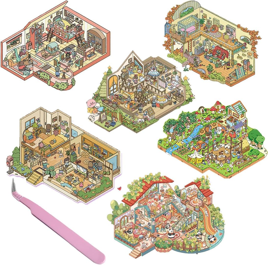 6 Sets Big DIY 3D Stickers Scene,Fun DIY House Stickers for Adults and Kids to Relieve Stress Pass the Time Birthday Party,Panda Villa,Sunshine Ranch,Learning Interest Group image number 3