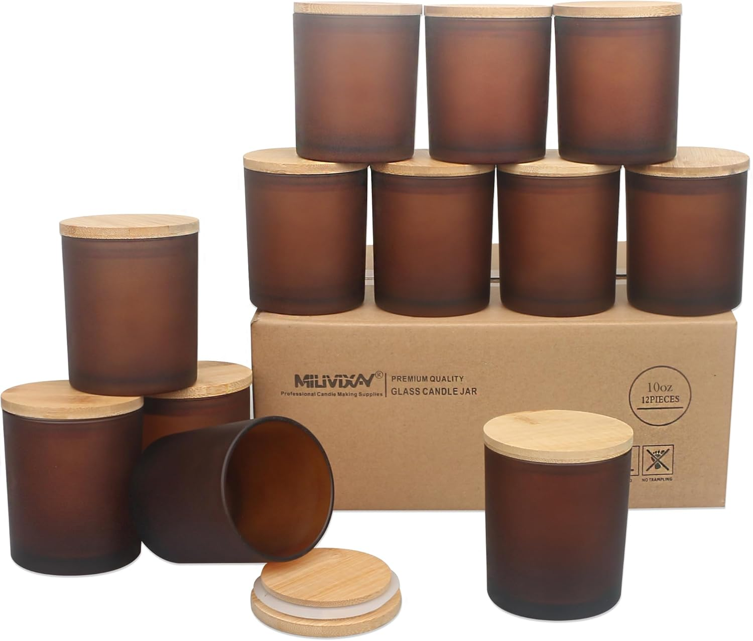 MILIVIXAY 12 Pack 10 OZ Frosted White Thick Glass Candle Jars with Lids - Bulk Empty Candle Jar for Making Candles - Spice, Powder Containers.