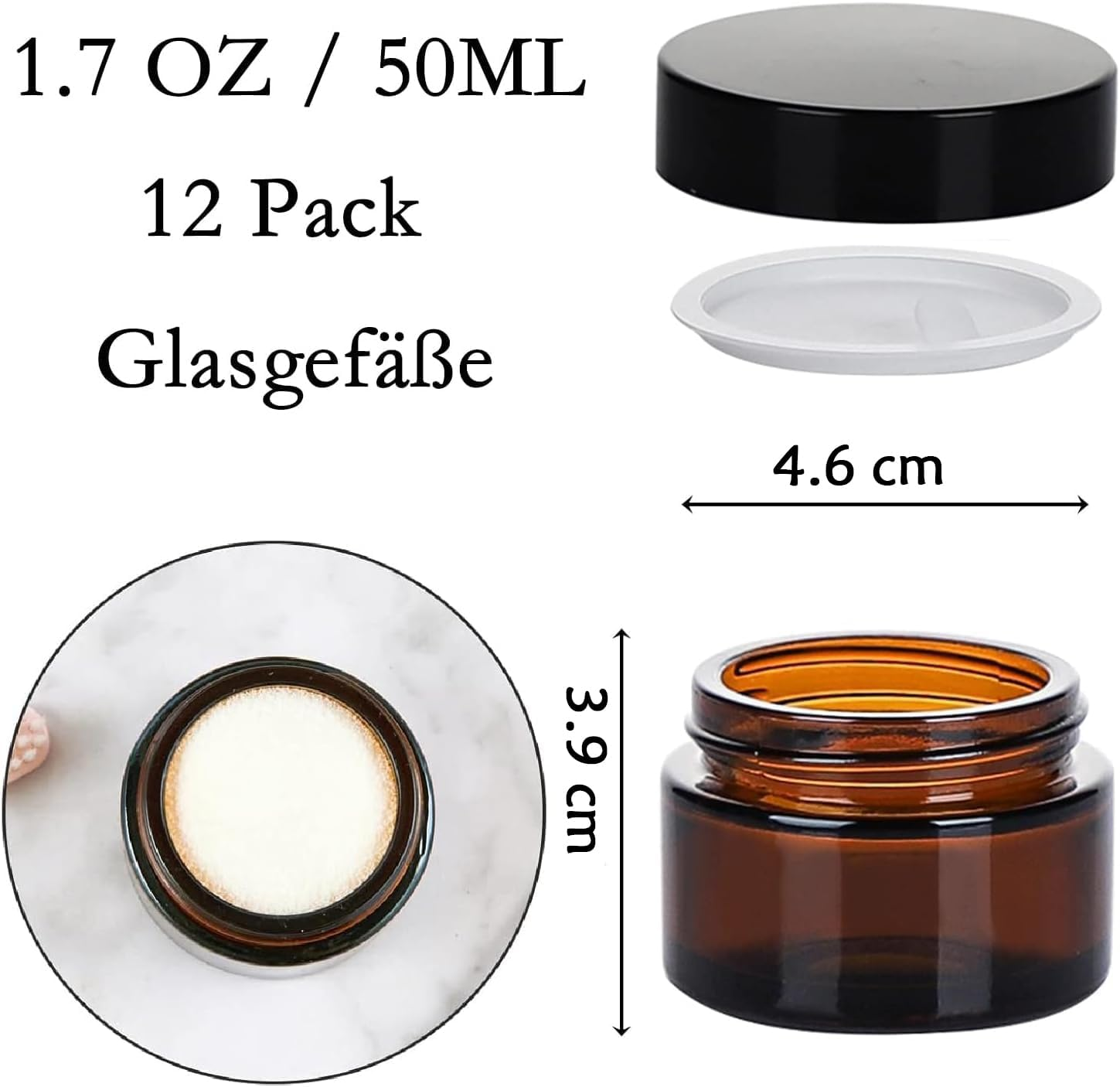 Pack of 12 Amber Glass Empty Jars, 50 Ml Brown Jar, Cream Jar, Glass Container, Empty, Refillable Container Jars, with Lid and Liner for Cosmetics, Creams, Lotions, Essential Oils, Powder, Dispenser image number 4