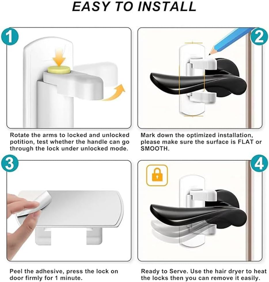 4 Pack Door Lever Lock Child Proof-White Door Locks Design for Kids Safety-Child Proof Doors & Handles 3M Adhesive (No Drilling) and Perfect for Door,Cabinet,Windows,Child-Proof & Pet-Proof image number 1