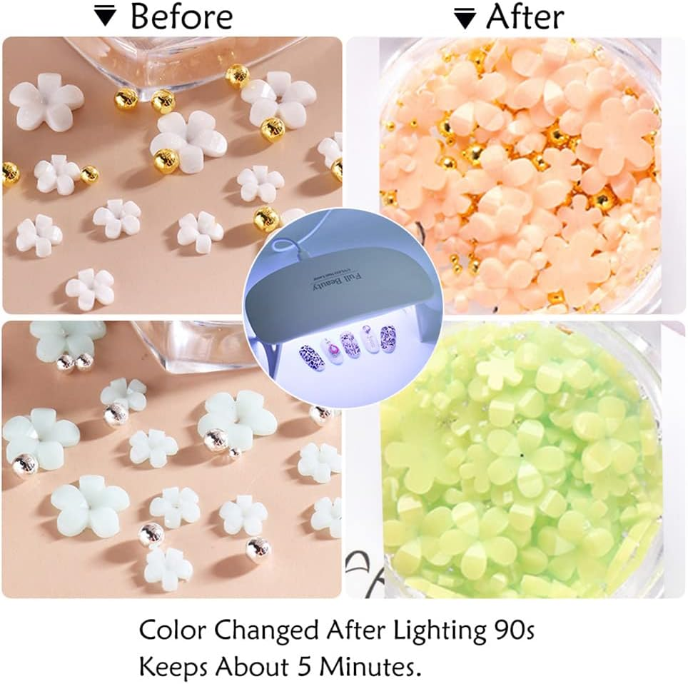 3D Flower Nail Art Charms, 6 Grids 3D Acrylic Nail Flowers Rhinestone Light Change Pink White Blue Cherry Blossom Acrylic Spring Nail Art Supplies with Pearls Manicure DIY Nail Decorations image number 3