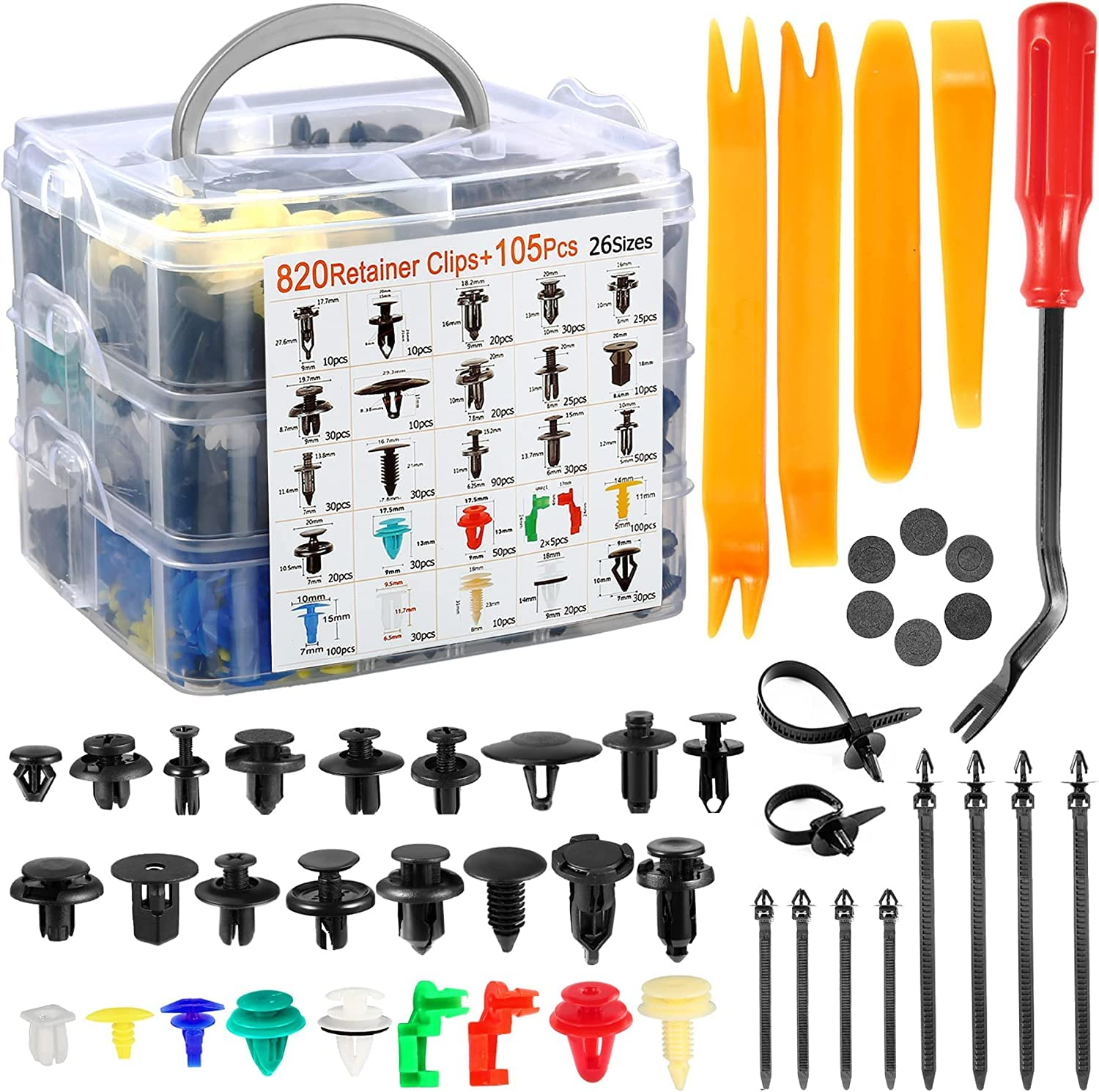 925Pcs Car Retainer Clips Auto Fasteners Rivets, 23 Types Universal Car Retainer Nylon Car Body Door Trim Panel Bumper Fender Clip Push Pins with Cable Ties and Trim Remover Tool image number 3