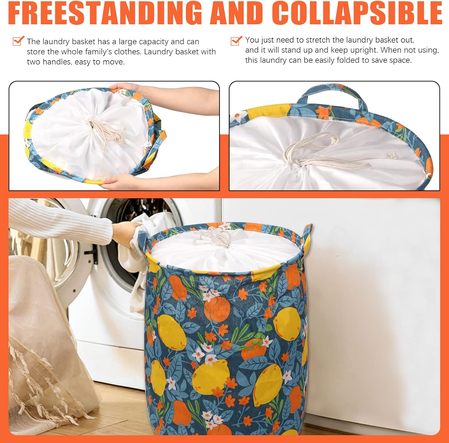 Tanstic 1Pc Freestanding Laundry Basket with Black Lattice Pattern, Foldable Large Drawstring Clothes Hamper Collapsible Fabric Bag with Leather Handle for Clothes Washing (15.7X19.6 Inch) image number 3