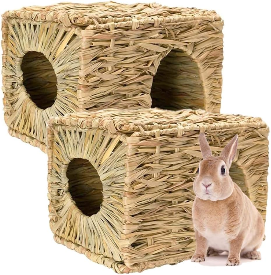 2 Pcs Foldable Grass Woven Animal House/Edible Bunny Hut,Natural Hand Woven Rabbit Cage & Seagrass Hay Bed, Grass House for Rabbit,Totoro,Guinea Pig image number 6