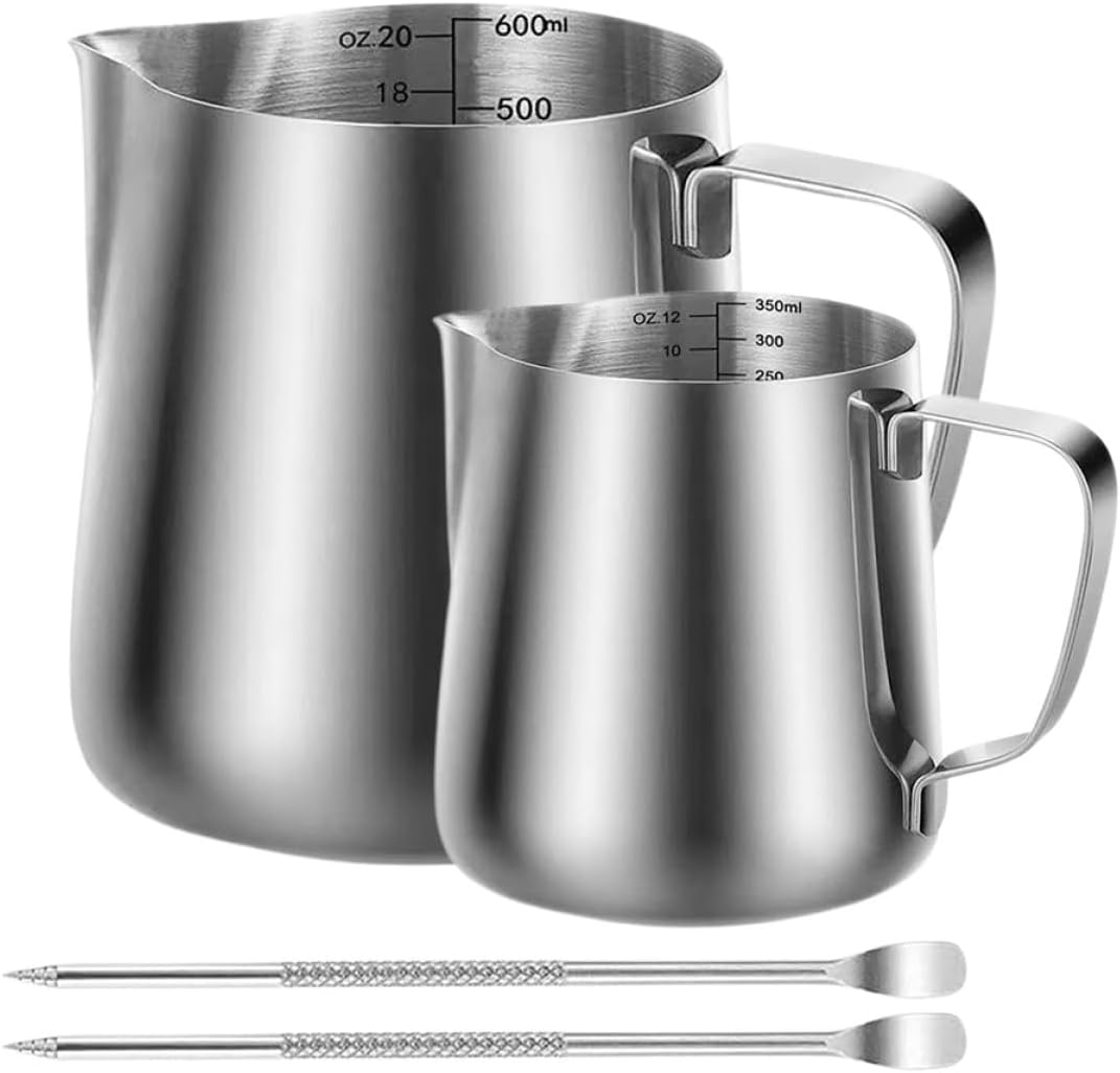 MOKKHNB Stainless Steel Milk Frothing Jug Set 350Ml 600Ml Coffee Pitchers with Spout Handle and Latte Art Pen, 304 Food-Grade Metal Milk Steamer Cups for Espresso and Latte Art in Home image number 2