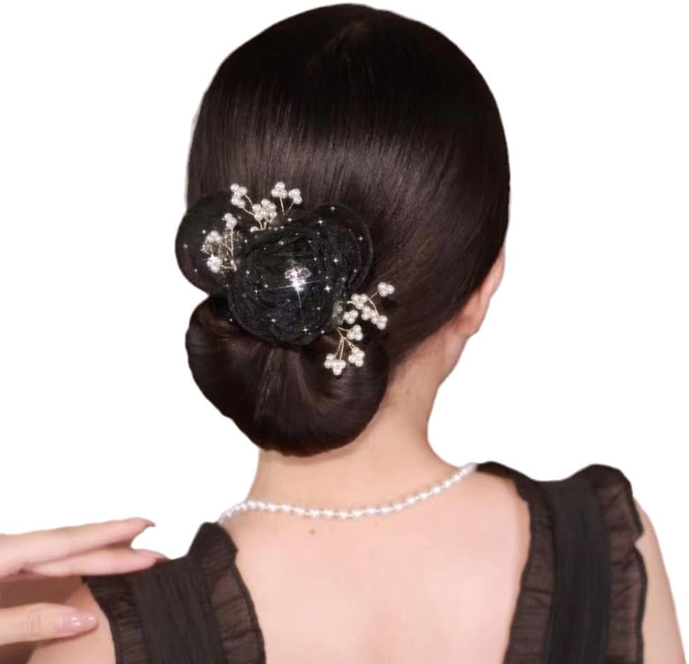 PLGEBR Hair Bun Maker,Hand Embroidered Flowers Deft Bun,Floral Design Dotted Bun Maker,Exquisite Bun Maker for Long Hair,Women Mesh Ballet Hair Styling Accessories image number 6