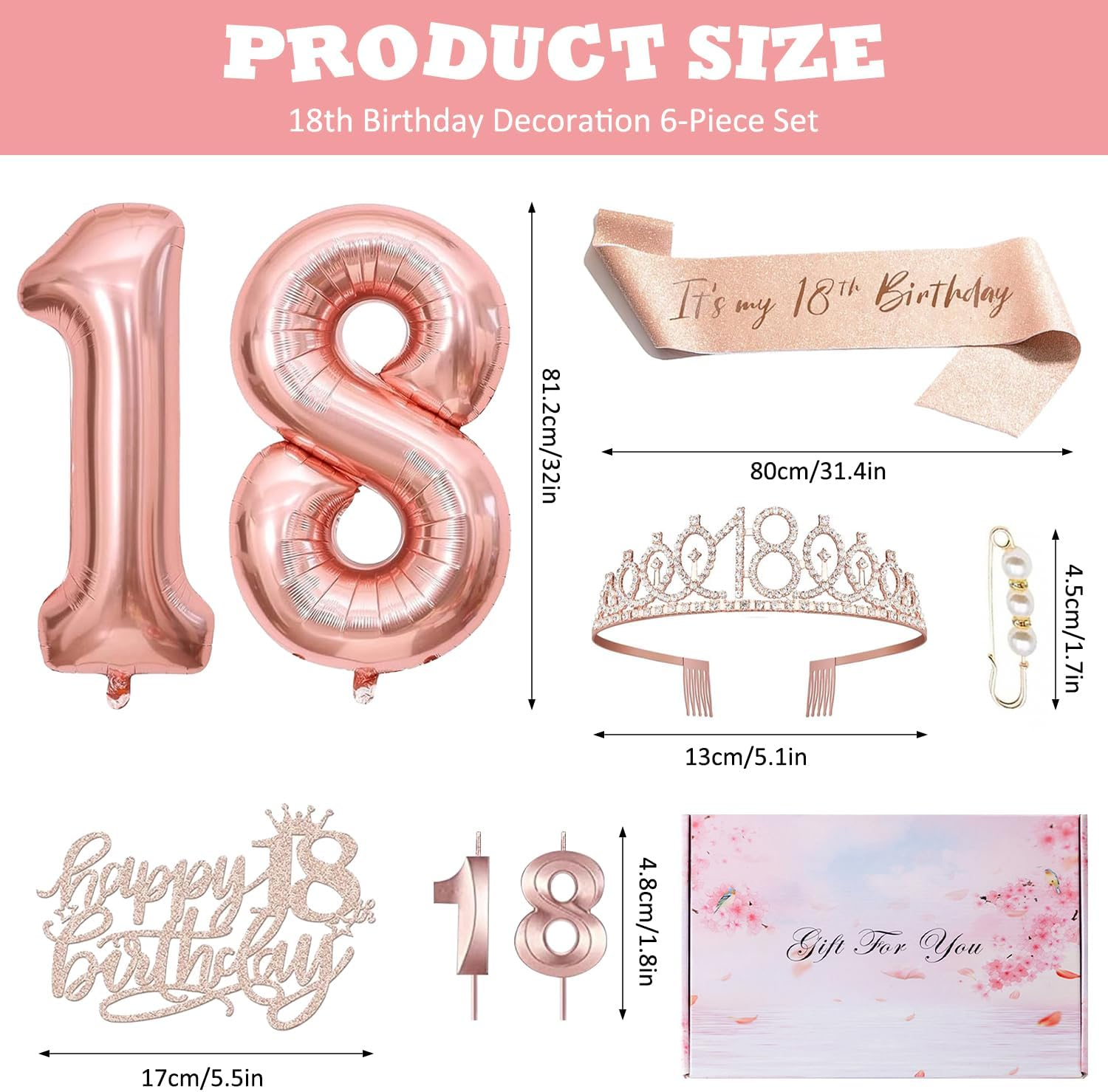 18Th Birthday Decorations, Happy Birthday Balloons, Crown and Sash, Cake Topper and Candles, Birthday Party Favor Supplies (18Th)