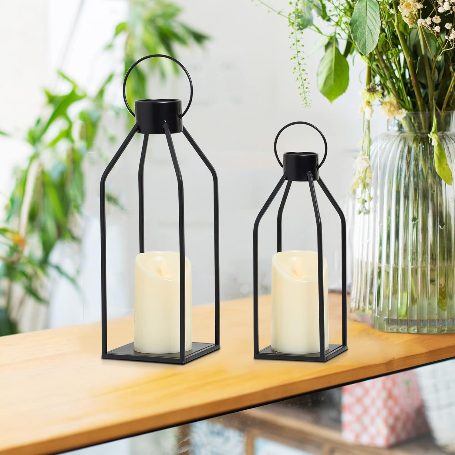 Modern Farmhouse Lantern Decor,2 Pack Black Metal Candle Lantern Front Porch Decor for Home Decor, Living Room, Fireplace, No Glass for Indoor Outdoor Decorations (Excluding Candles) (Black) image number 3
