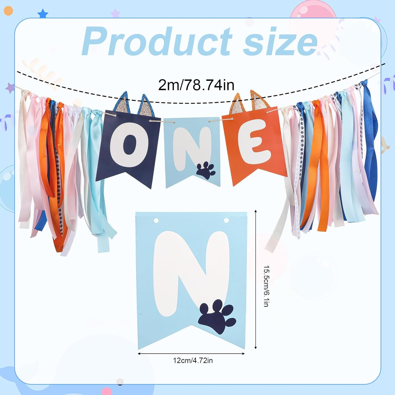 Light Blue Navy Brown Orange First Birthday High Chair Banner, Cute Puppy Paw Print Highchair Banner First Birthday Boys and Girls First Birthday Decor Birthday Backdrop Banner image number 6