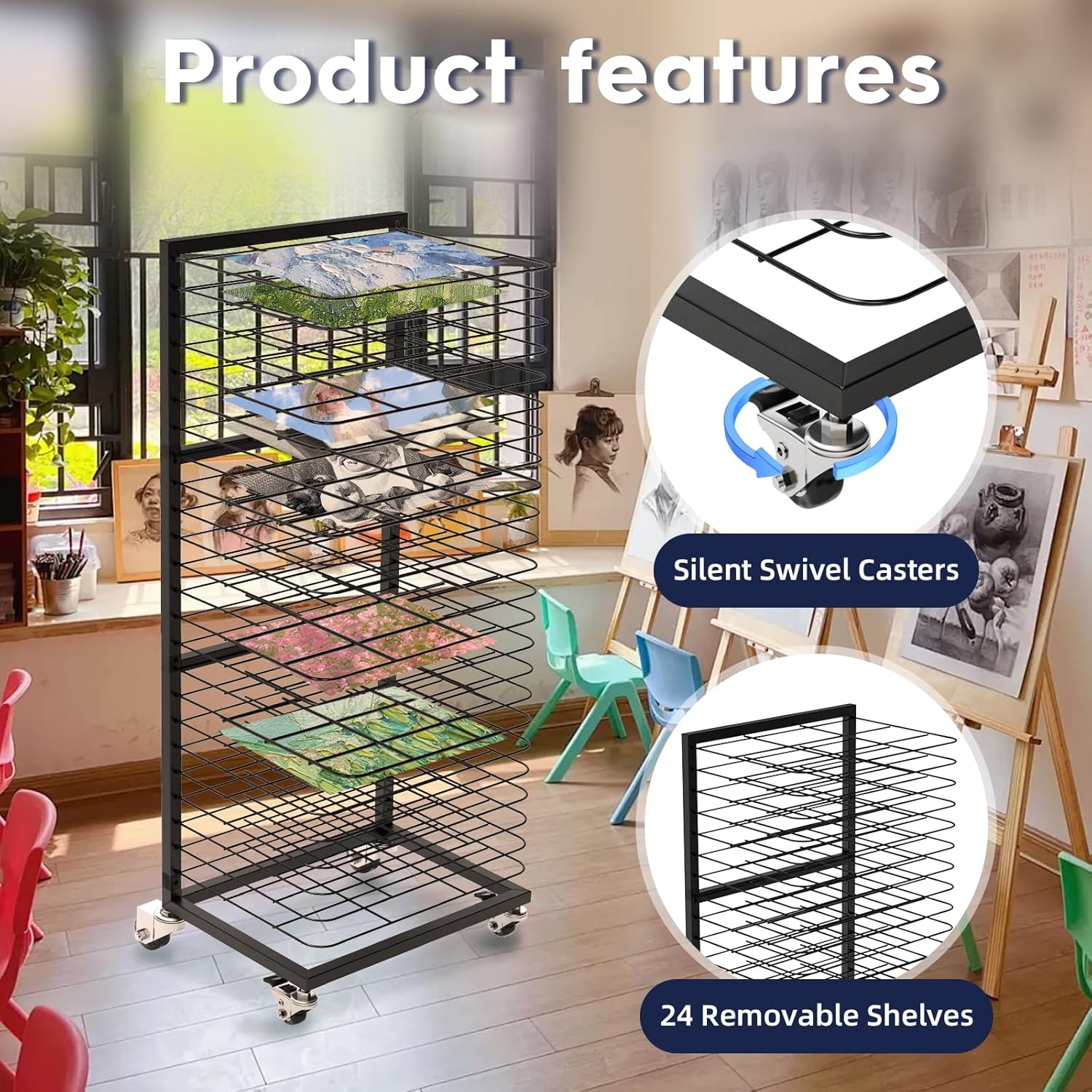 HOOMFIT Portable Art Storage Rack, Removable Shelves Art Rack, 24 Removable Shelves Painting Drying Rack，Art Drying Rack with Lockable Wheels image number 4