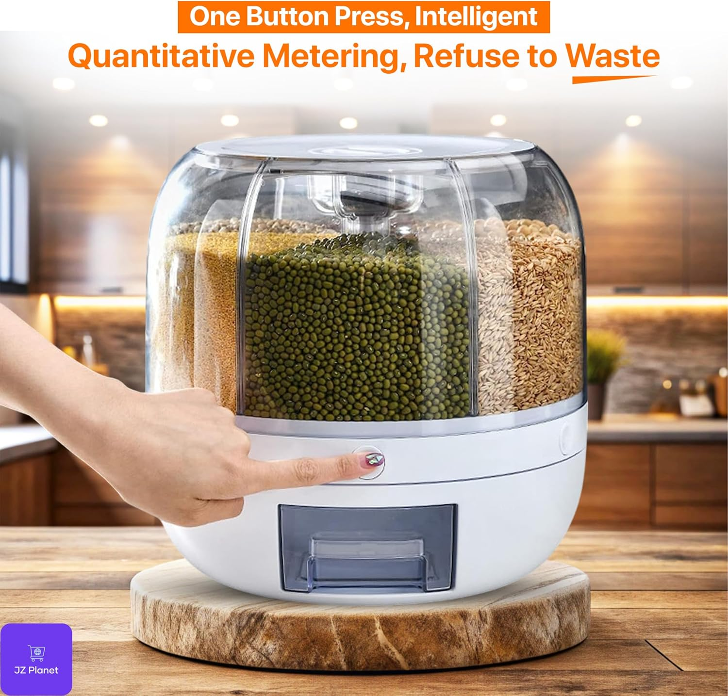 JZ Planet 6-Grid Rotating Food Grain Dispenser &ndash; 3.6L Airtight Dry Food Storage Container with One-Touch Release &ndash; White Bpa-Free Plastic Organizer for Cereal, Rice, Nuts, Snacks & Kitchen Pantry Use image number 5